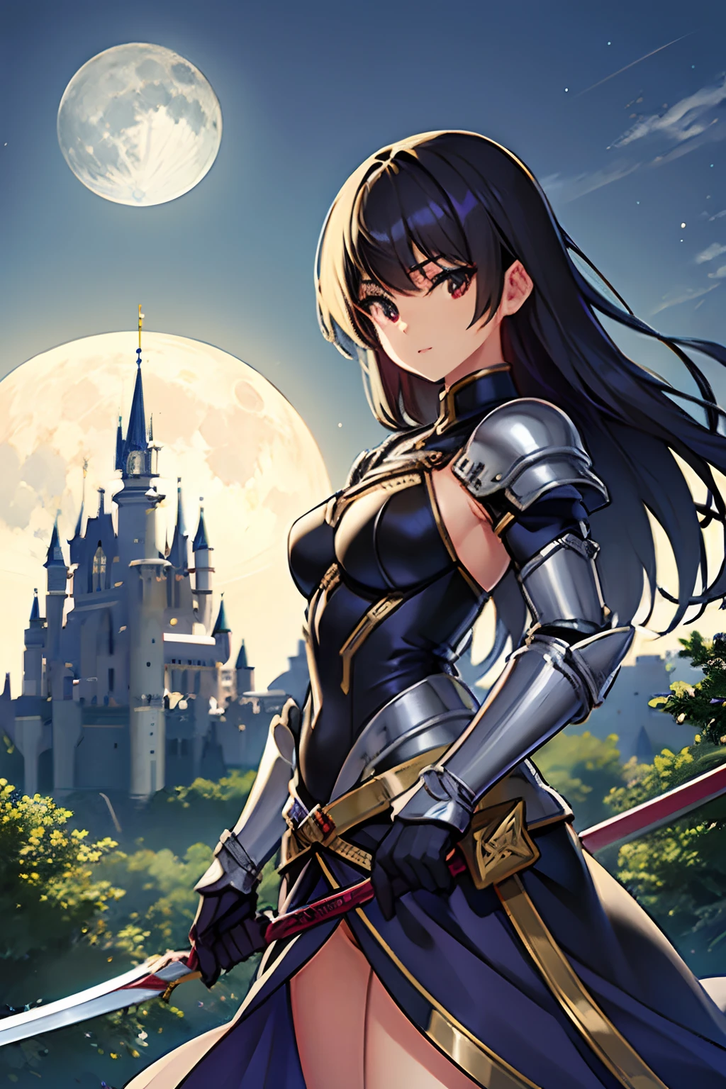 Masterpiece,cowboy shot,1girl,fantasy,armor,wielding naginata,looking at viewer,castle background,day,moon,black hair