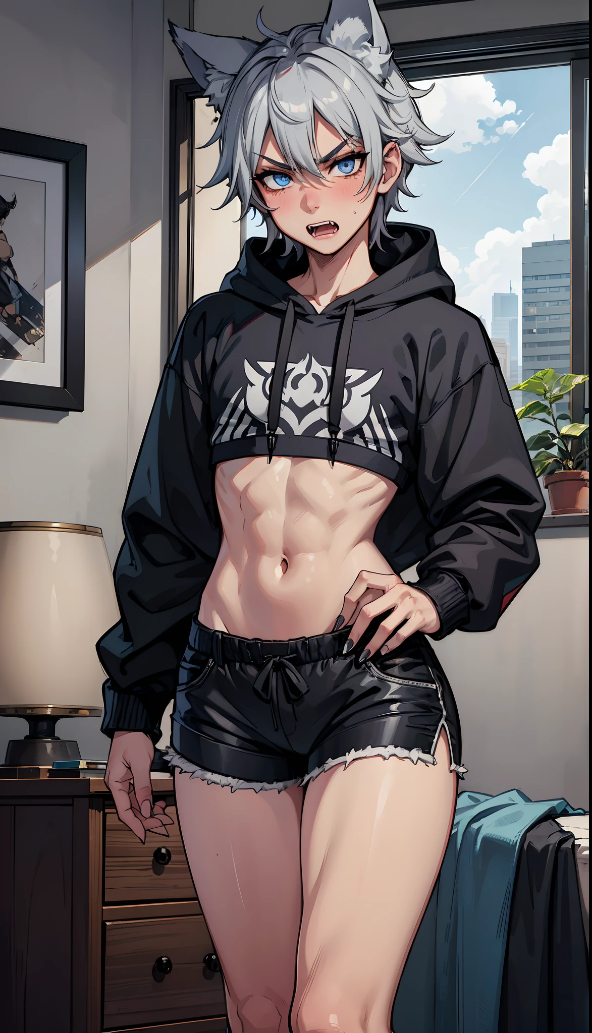 ((1boy)), blue eyes, messy gray hair, close up view, wolf ears, wolf tail, black hoodie, black booty shorts, slim waist, big thighs, looking at viewer, fangs, angry, living room, sharp nails, ultra masterpiece, HD, young, twink, wide hips, blush