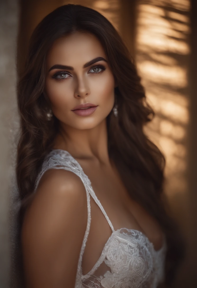 russian woman completely , fille sexy aux yeux bruns, ultra realist, Meticulously detailed, Portrait, cheveux bruns et grands yeux, selfie of a young woman, Dubai Eyes, Violet Myers, sans maquillage, maquillage naturel, looking straight at camera, Visage avec Artgram, Maquillage subtil, Great photo of the whole body kneeling on the bed, dans la chambre, Medium to large bust, outdoors, full body