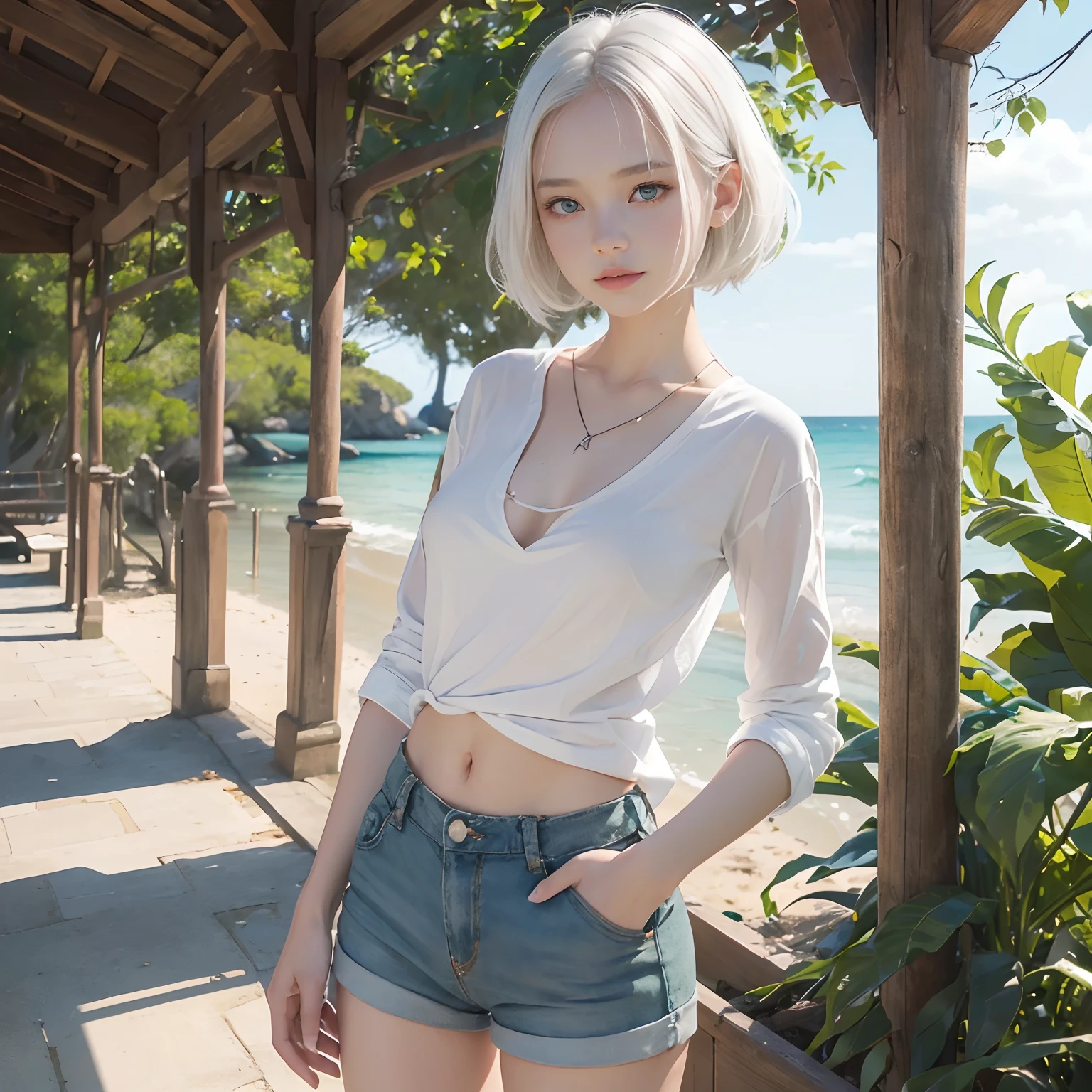 ((top-quality,8K,masutepiece:1.3)),Photorealsitic、超A high resolution、Convoluted、ultra-detailliert、(Skindentation), (((1girl in、Solo,,5years old)))NSFW、(Conur iri(Perfect eyes)、 ((huge  lips:1.2)、(small tit:1.3)Has、Wearing (White skimpy clothing,Loose and revealing clothing,shortpants,white  shirt,naked shirts)) , She(Crystal clear white skin:1.2)、She(Dark green eyes:1.2)Has a、 She((White hair))Doing、 She has short hair lengths and random hairstyles,A smile,look at viewr,Slender body,(The whole body is in the photo),Beautuful Women,Digging in the crotch and underwear,((low angles)),((Summer beaches,The horizon is visible in the distance))