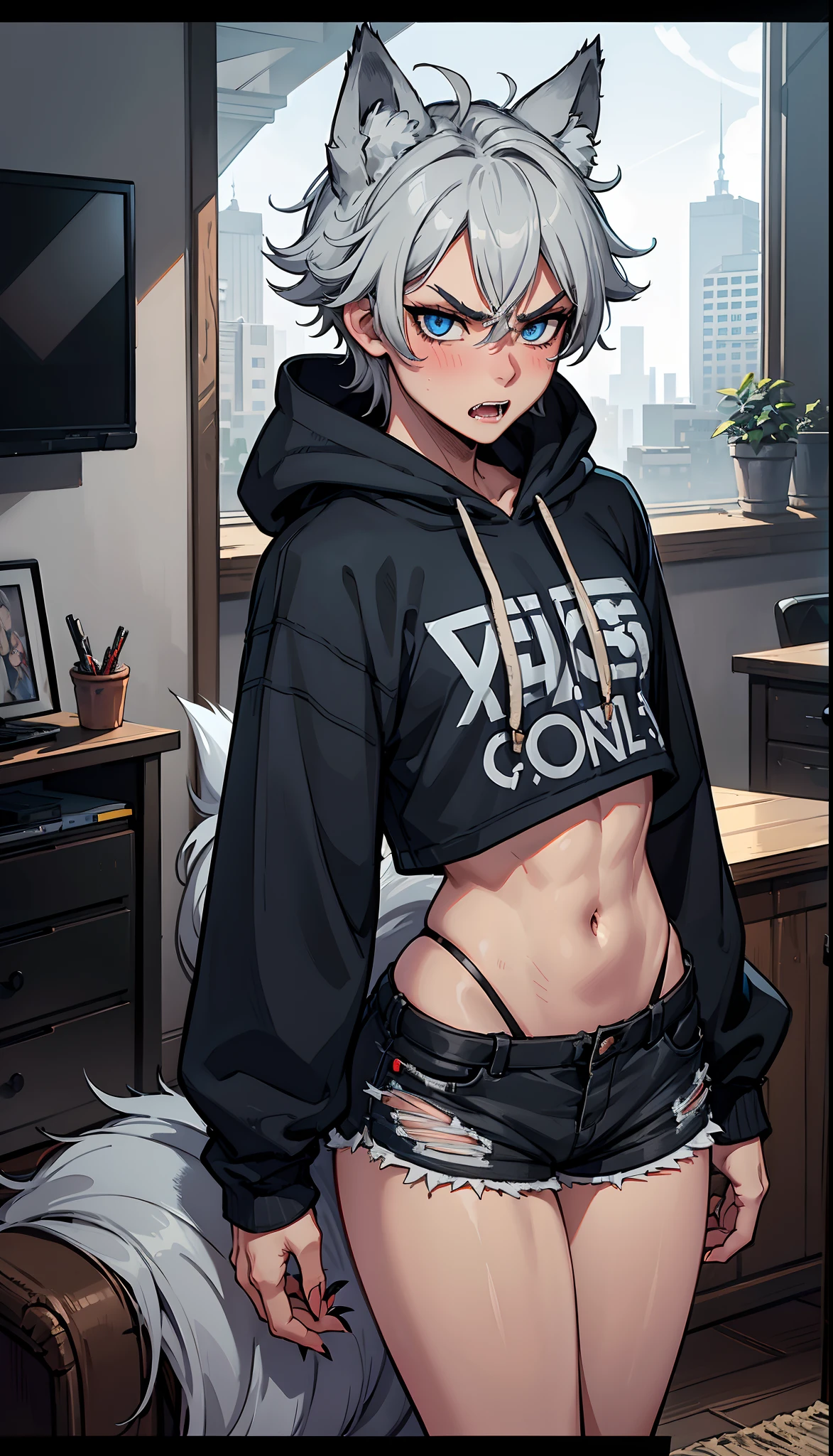 ((1boy)), blue eyes, messy gray hair, close up view, wolf ears, wolf tail, black hoodie, black booty shorts, slim waist, big thighs, looking at viewer, fangs, angry, living room, sharp nails, ultra masterpiece, HD, young, twink, wide hips, blush