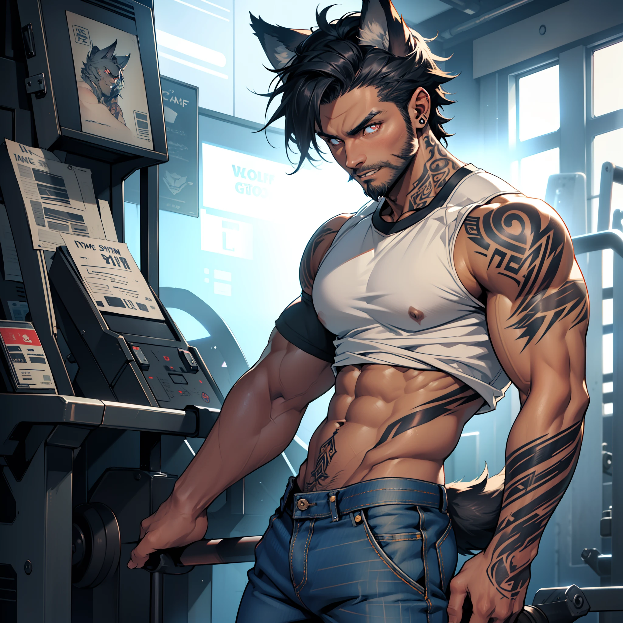 masculine young guy, short beard ((dark tanned skin)), short cropped hair, ((has wolf ears)), ((has wolf tail)), wearing denim pants, stylish ((gym shirt)), ((he is solo)), ((he is alone)), has detailed glowing eyes, covered in ((tattoos)), muscular thighs