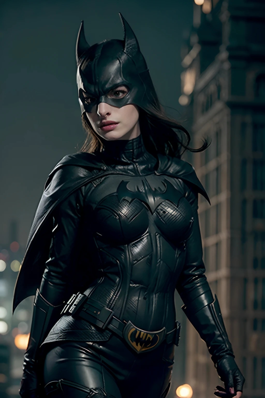 ((Anne Hathaway como Batgirl sosteniendo un Batarang)), vistiendo una armadura de Batgirl cyberpunk con capa, (dynamic  pose), no mask, defined muscles, Pelo rojo, athletic build, Disfraz ajustado, Muy hermoso, ((sexy, Small natural breast, escote, Nippin, dedo del pie de camello)),  (Piel altamente detallada: 1.2), cara seria, Cara hermosa, Piel altamente detallada, poros de la piel, (Cara altamente detallada:1.1), (Ojos altamente detallados:1.1), Alumnos realistas, rubor facial completo, labios carnosos, (Perfect anatomy:1.1), (proporciones perfectas:1.1), (Cinematographer:1.1), (fotorrealista:1.1), volumetric illumination, dynamic  lighting, Sombras reales, (Altas Resoluciones:1.1), foco nítido, (realista, Hiperrealista:1.4), intrincado, High detail, dramatic, Subsoil Scatter, vivid, pulido, Afilado, 35mm, 8k, (((Night photography, Antecedentes de Gotham City)