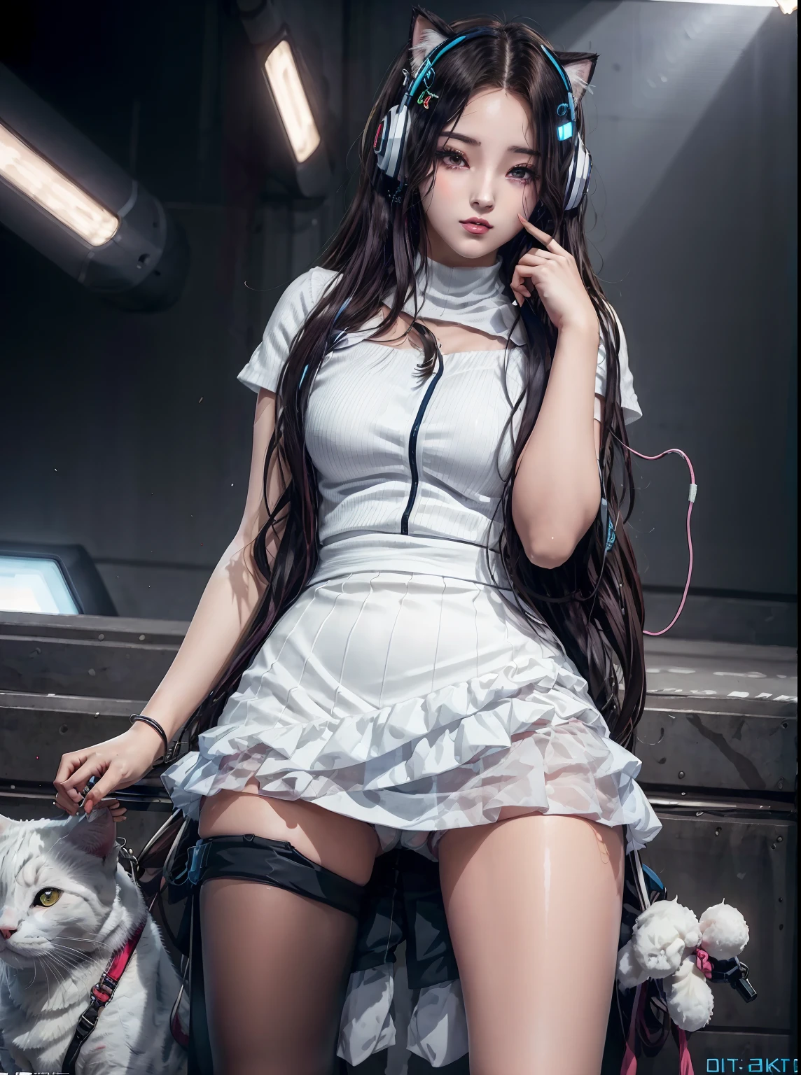 there is a woman in a short skirt posing in a room, seductive anime girl, white cat girl, advanced digital anime art, cyberpunk anime girl, anime barbie in white stockings, cute cyborg girl, digital cyberpunk anime art, anime cyberpunk art, digital cyberpunk - anime art, digital advanced anime art, attractive cat girl, anime style 4 k, very beautiful anime cat girl