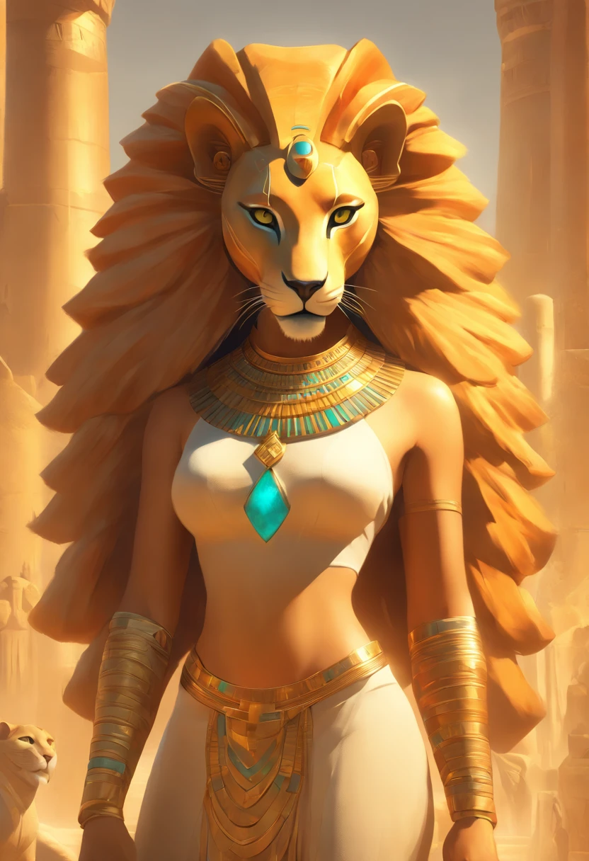 (((SEKHMET))) best quality, ultra-high resolution, 4K detailed CG, master piece, woman, Feline Goddess, Pharaoh crown, adornment, Egyptian clothing, Egyptian mythology, standing, desert, aesthetic, ((Feline head )), full body, Beautiful image, distant camera