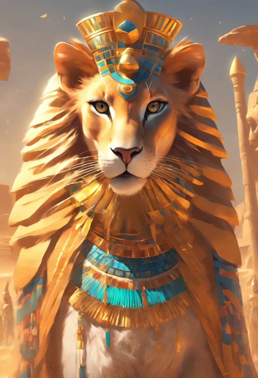 (((SEKHMET))) best quality, ultra-high resolution, 4K detailed CG, master piece, woman, Feline Goddess, Pharaoh crown, adornment, Egyptian clothing, Egyptian mythology, standing, desert, aesthetic, ((Feline head )), full body, Beautiful image, distant camera