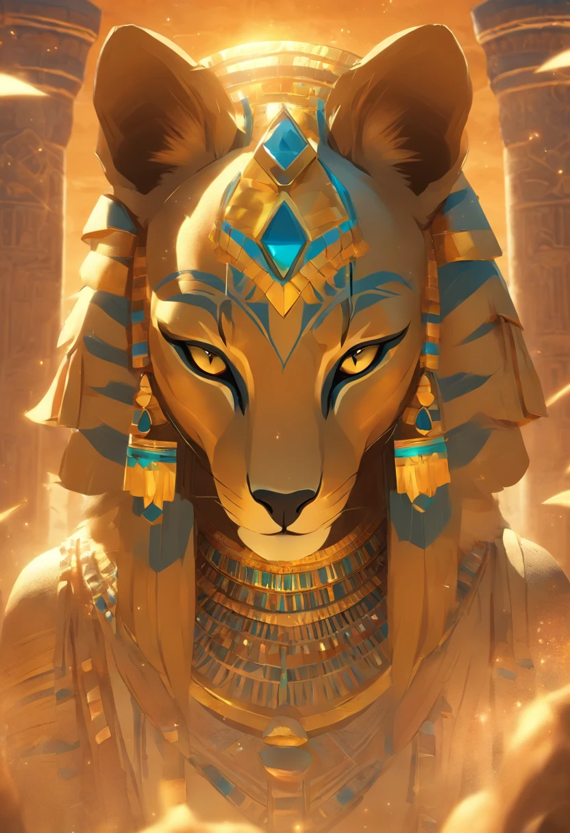 (((SEKHMET))) best quality, ultra-high resolution, 4K detailed CG, master piece, woman, Feline Goddess, Pharaoh crown, adornment, Egyptian clothing, Egyptian mythology, standing, desert, aesthetic, ((Feline head )), full body, Beautiful image, distant camera