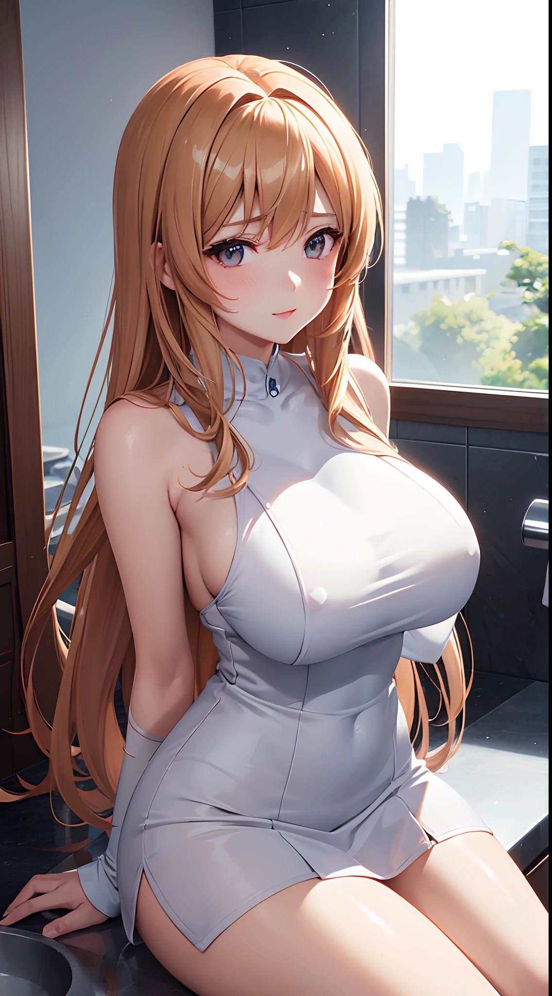 anime girl in a white dress sitting on a counter in a bathroom, long caramel colour hair, brown colour eyes, seductive anime girl, beautiful alluring anime woman, [ 4 k digital art ]!!, breasts covered and sfw, beautiful alluring anime , big breasts!, big breasts!!, with large breasts, sfw huge breasts, with a large breasts, | fine detail anime, smooth anime cg art