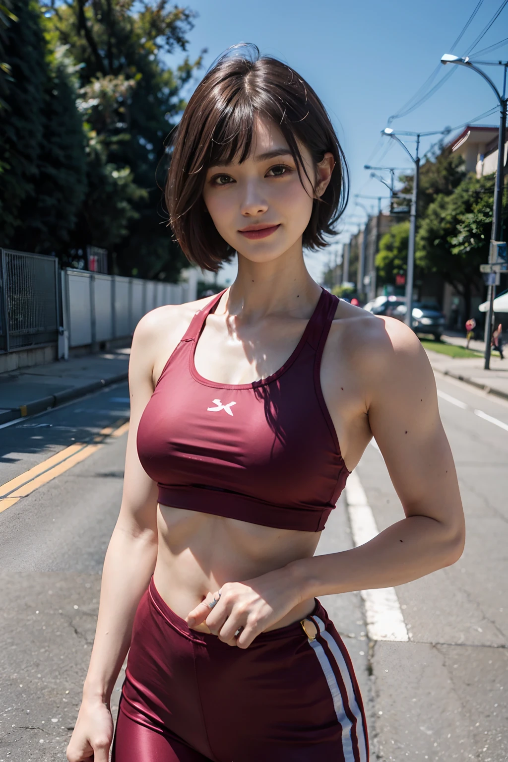 super model、Bob Hair、Sports Women、perfect detail、sports wear、tight female body、