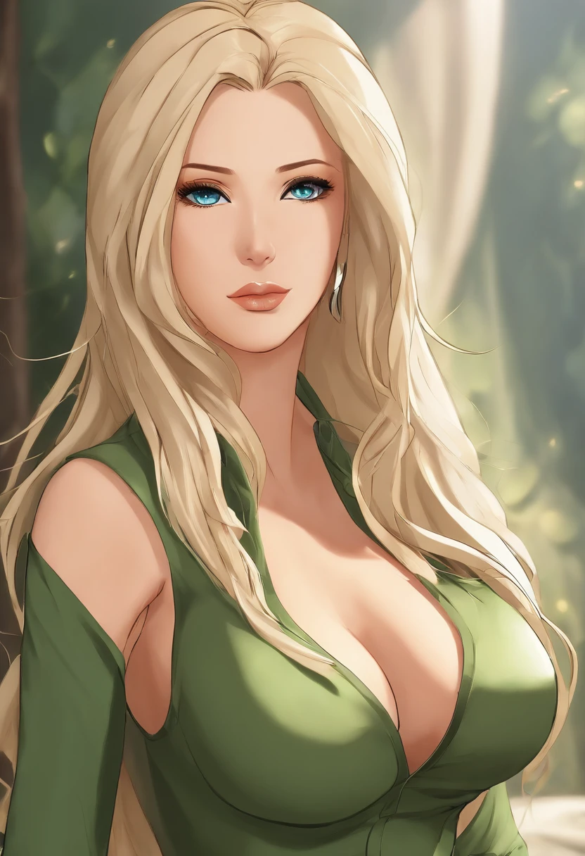 best quality,ultra-detailed,realistic,pin-up girl,Tsunade (naruto),beautiful detailed face,flawless skin,long flowing hair,voluptuous curves,seductive expression,sensual,provocative pose,elegant posture,firm large breasts,bare chest,busty,confident and powerful,strong feminine energy,perfect lighting,soft shadow,rich and vibrant colors,vivid green background,erotic art,pop art style