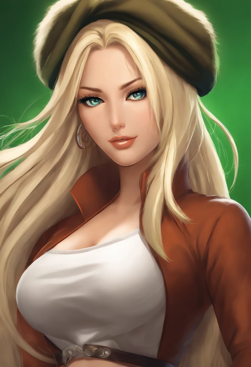 best quality,ultra-detailed,realistic,pin-up girl,Tsunade (naruto),beautiful detailed face,flawless skin,long flowing hair,voluptuous curves,seductive expression,sensual,provocative pose,elegant posture,firm large breasts,bare chest,busty,confident and powerful,strong feminine energy,perfect lighting,soft shadow,rich and vibrant colors,vivid green background,erotic art,pop art style