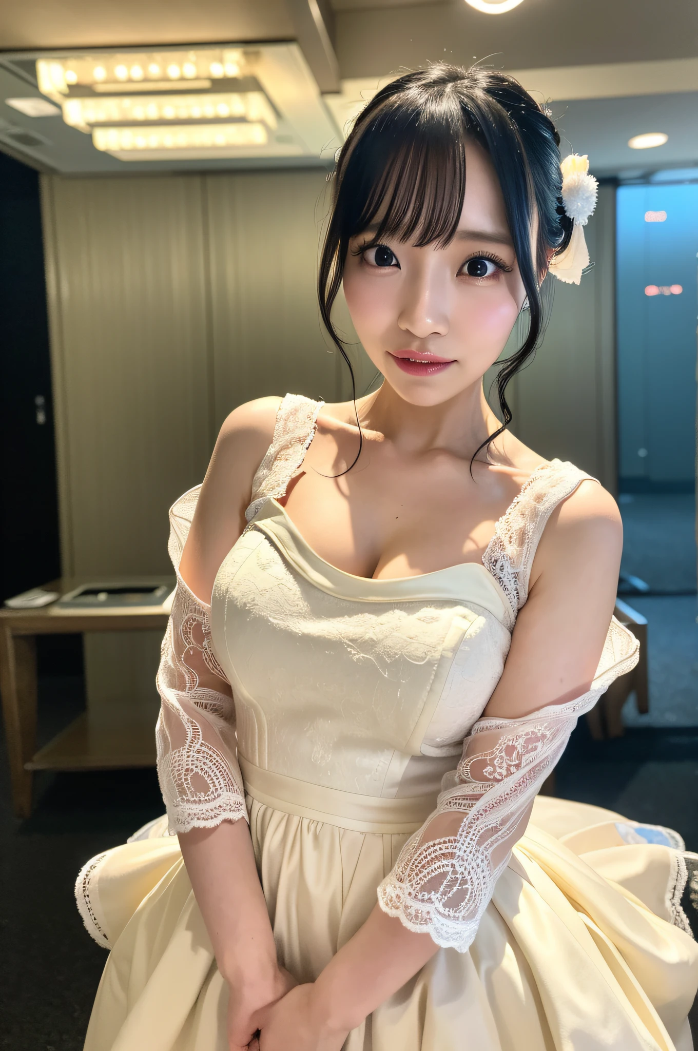 (((Pixel perfect, Perfect details))), alone, 1 girl, yuigahama yui,  Close-up of beautiful bride wearing beautiful wedding dress,Gurwitz, (bridal veil:1.5），（transparent short veil：1.5），blush，eye shadow，Blushing face，Head flower，headgear，bouquet，（tube top wedding dress：1.5），（silk dress：1.2）,（strapless wedding dress：1.5）,pure white dress，necklace，earrings，(large breasts:1.3)，Bangs，lipstick，（White long elbow gloves：1.4）,whole body照,High-detail RAW color art,White long skirt，whole body，(standing on the railroad tracks:1.3),18 years old, （long twintails：1.5）,(double bun:1.5), black hair