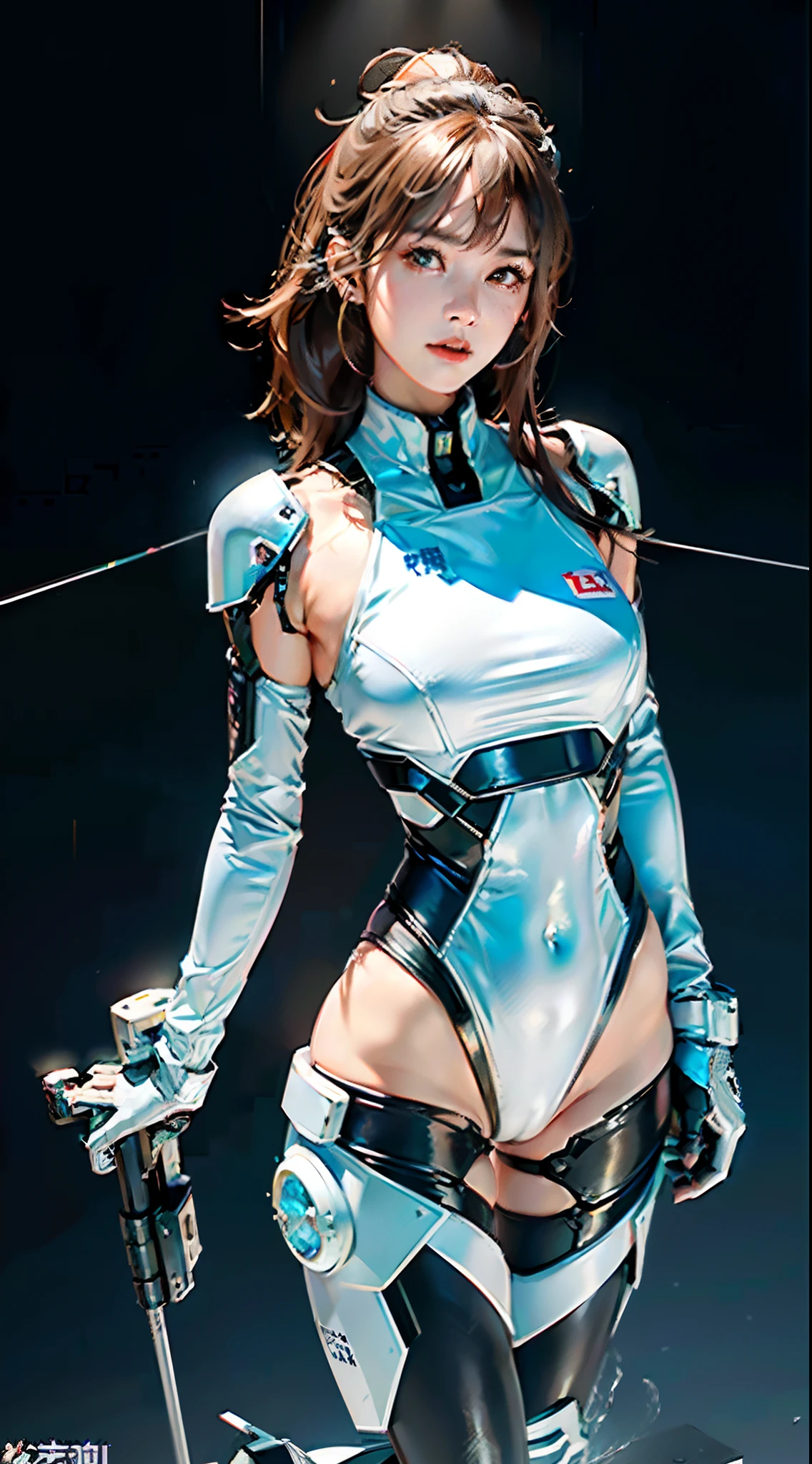 ulzzang -6500-v1.1,(Raw foto:1.2), (Photorealsitic:1.4), hight resolution、An ultra-high picture quality。 (Detailed super beautiful one woman。Tall slender 24 years old、White technical wear and futuristic women's battlesuit(for urban warfare、Details will be described later.................)Please wear),Equipped with a large laser rifle、Always ready to shoot、 disheveled short brown hair、Wearing a small headset、fullllbody, nffsw(HighDynamicRange), Anisotropy Filtering,depth of fields,Maximum clarity and sharpness,, ((Beautiful large breast)(Sagging udder)、((The chest and lower body are lightly armed and the skin is exposed, however、Can withstand combat))、Beautiful athlete thighs、Trained abs、skin tanned、 Realistic Professional Lighting,、 ((dynamicposes))、 Sophisticated gaze hereinafter、battle suits(for urban warfare)pronpt: Color scheme: Basic colors: blanche、Gunmetal and metal silver accents。 Suit design: With a shape that fits the curves of the body、Fine details、The visible part that supports the movement of muscles and joints。 Advanced electronics and sensors are built into the whole body、Especially the back of the hand and the arm、Stand out at the ankle。 Especially chest armor、backs、Placed on the thigh、Has the ability to prevent attacks from laser guns。 In the center of the chest there is a slit-shaped opening,、Some troughs look designed.。 headset on head: Small antennas and sensors、Ultra-compact speaker and microphone、Attach to the side and top of the headset。 arma: Large laser rifle: There is a sense of unity in the design of the suit.、white and black、Uses gunmetal livery。Built-in ability to share information with suits in real time。 Ancillary Machinery: Large railgun