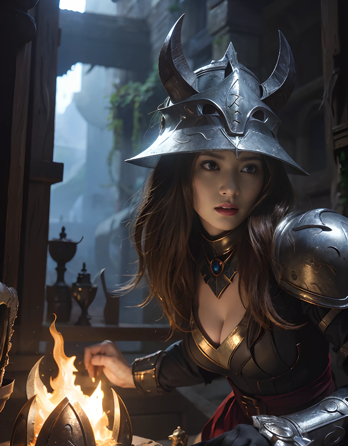 (One Knight Girl)、top-quality、masterpiece、超A high resolution、(Photorealsitic:1.4)、Raw photo、1人、(Wear the Dark Knight's Armor)、glowy skin、(((Dark Fantasy)))、Fight with beautiful swords and shields、(((Mystical expression))),(Gorgeous gold metal body)、(Fight goblins、ogre、Fierce battle with orcs),(Fighting strong enemies)、Fight fiercely、(Background of decaying dungeon ruins)、(Ultimate Beauty)、(Detailed knight's helmet)、(Fighting Demonic Beasts)、(Pointed Hat Wizard Hat)、((super realistic details))、portlate、(Strong giant demon beast background),globalillumination、Shadow、octan render、8K、ultrasharp、Colossal tits、Raw skin is exposed in cleavage、metals、Details of complex ornaments、Japan details、highly intricate detail、Realistic light、(Mystical expression),CGSoation Trends、Red Eyes、radiant eyes、Facing the camera)、Gundam、Small LED、Toostock、(Background of the mutation)、(Attack of the Monster Beasts)、Ultimate Beauty、beautiful female knight、Wear colorful armor、Detailed sword、(Wearing legendary armor)、