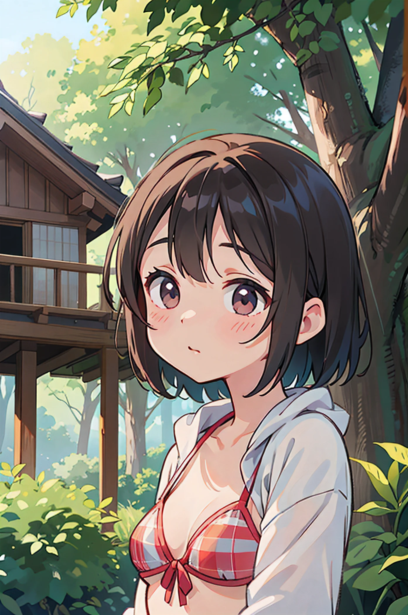Close up portrait of woman in bikini posing for magazine, Young Pretty Gravure Idol, Young Sensual Gravure Idol, Realistic Young Gravure Idol, Young Gravure Idol, Yasumoto Oka, 奈良美智, Ai Yazawa, sophisticated gravure idol, けもの, There is a small wooden deckhouse in the forest.、There is a chimney on the roof