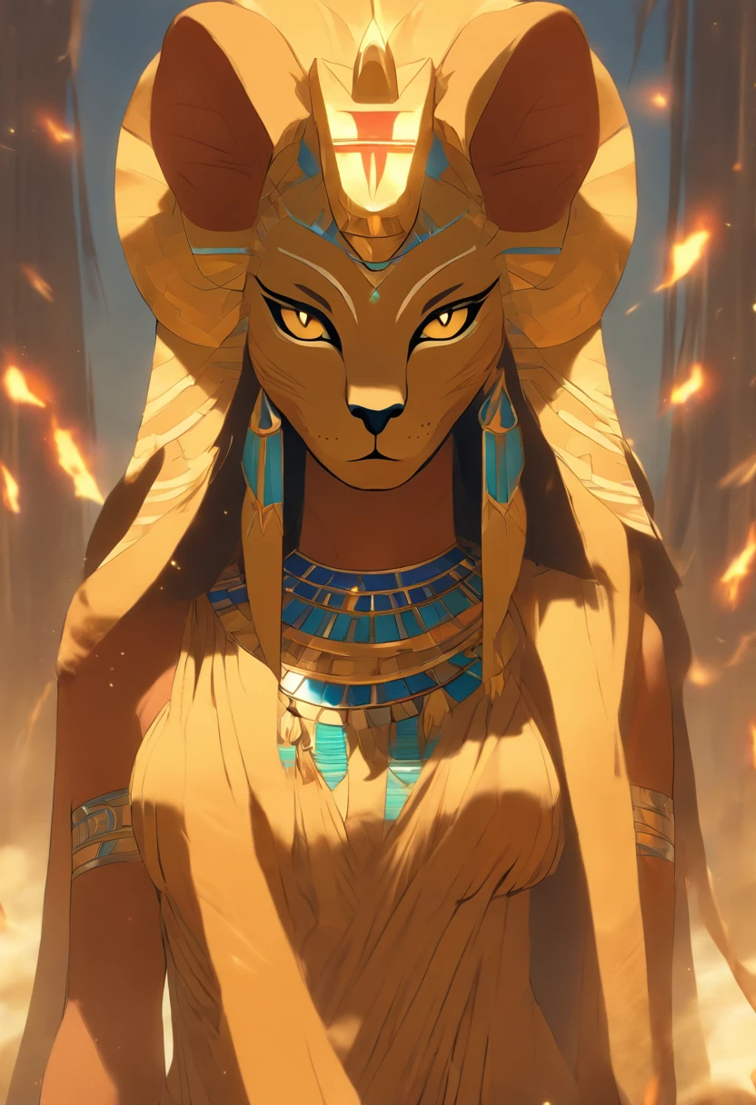 (((SEKHMET))) best quality, ultra-high resolution, 4K detailed CG, master piece,woman,Feline Goddess,fury,anger,hate,,Egyptian clothing,Egyptian mythology, standing, desert, aesthetic,((Head of feline)),((full body)), Beautiful image,(((distant camera)))