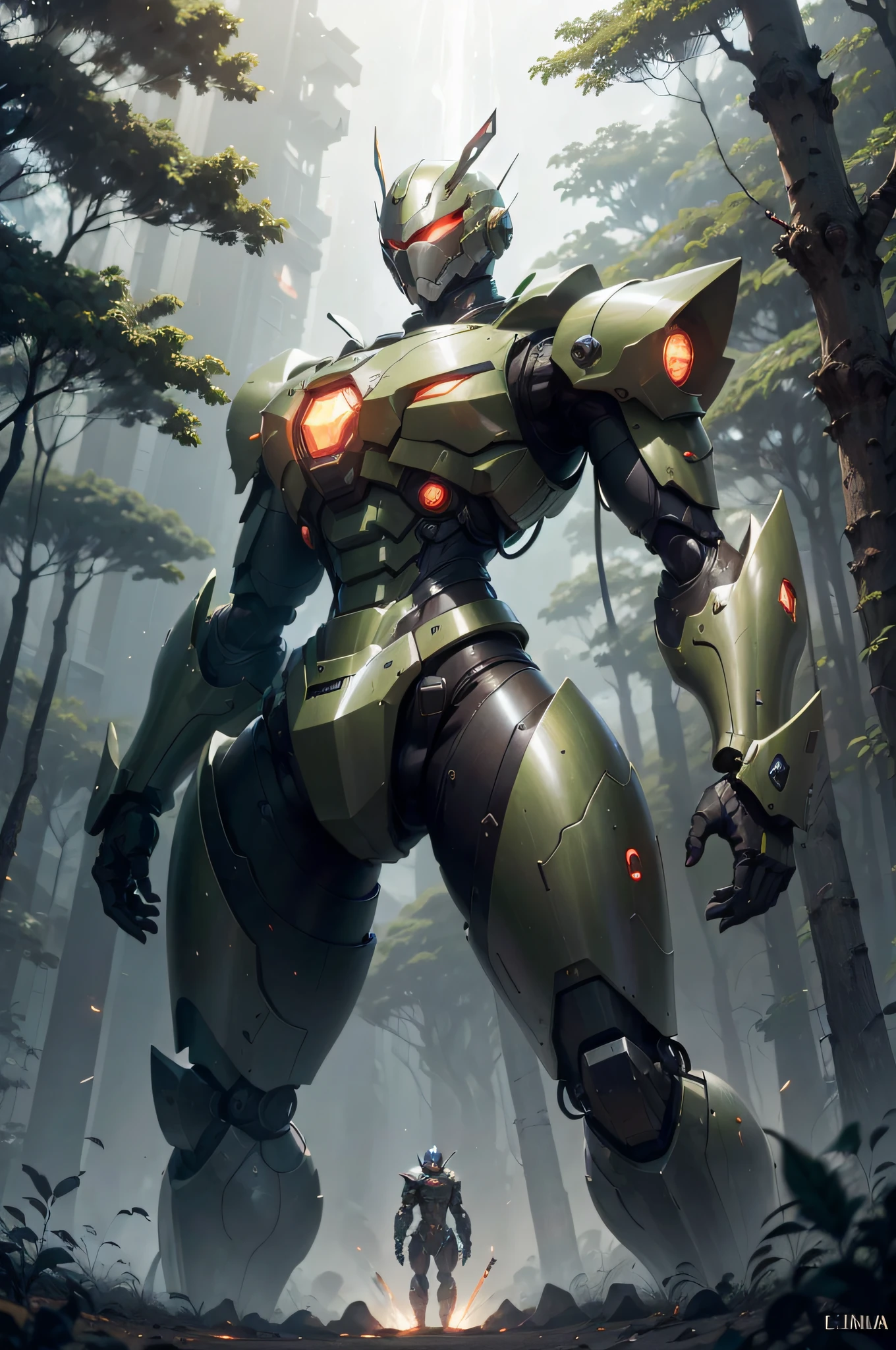 Homem vestindo armadura preta de tecnologia olhando para cima, mecha vermelho, Action sword with incandescent edges in place of the robot's right hand.