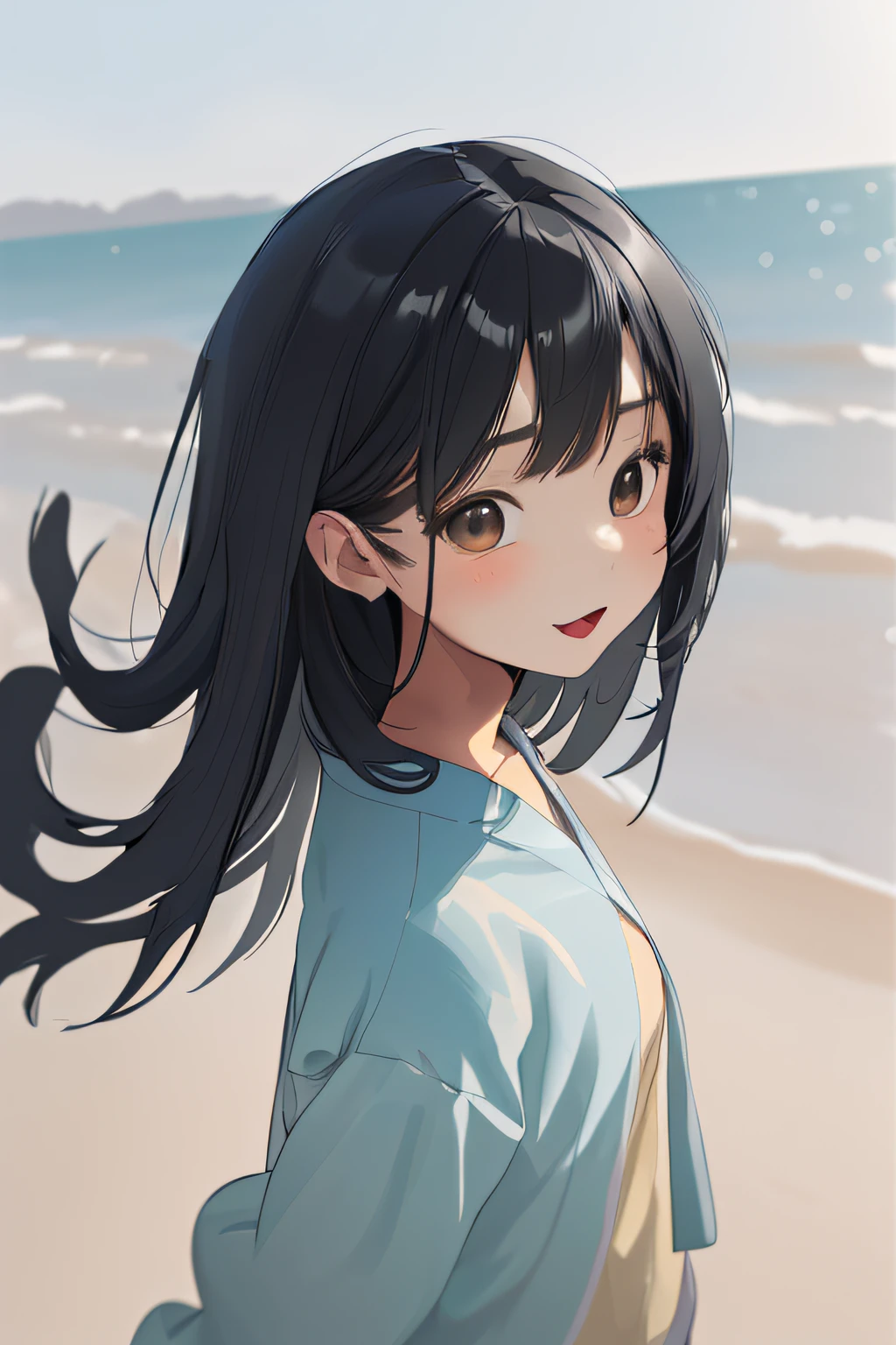 asian woman named Hoshi, black hair, straight hair, cute expression, cute cloth, beach