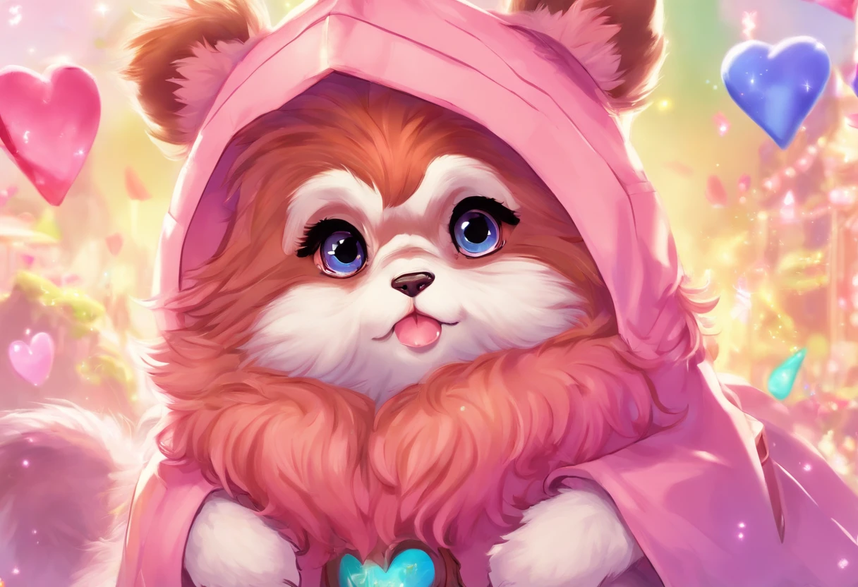 Heartspring Ewok, adorable, long lop ears, big bright eyes, heart gems, vivid pink hair fluff, light pink fur, masterpiece, best quality