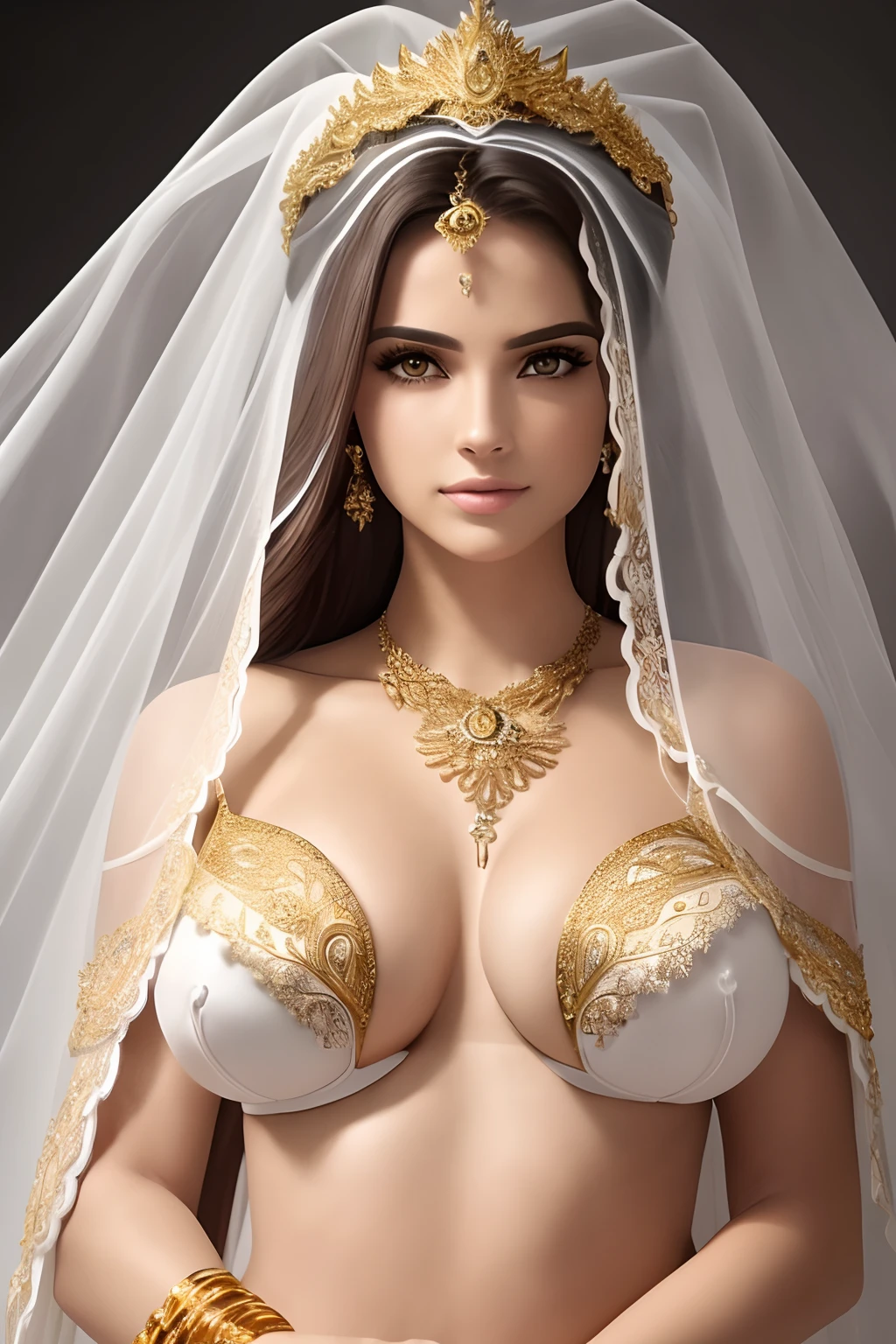 (SFW)master part, best quality, ultra-detalhado, 1girl, sozinho, Olhando para o Viewer, (Curvy:1.1), seios grandes, cabelos pretos, cabelos longos, cabelo sobre um olho, (cabelos ondulados:1.1), olhos amarelos, , (breasts apart:1.3), virilha, (pasties:1.3), neck ring, Armlet, pulseira, (coxa:1.2), (white veil:1.2), (ornamento de cabelo:1.1), piercing no umbigo, (cadeia:1.1), (ouro:1.3), (Gold-Trim:1.2), Rosa, suar, pernas abertas, sentado, arm up, corpo inteiro, tornozeleira, barefoot, na cama