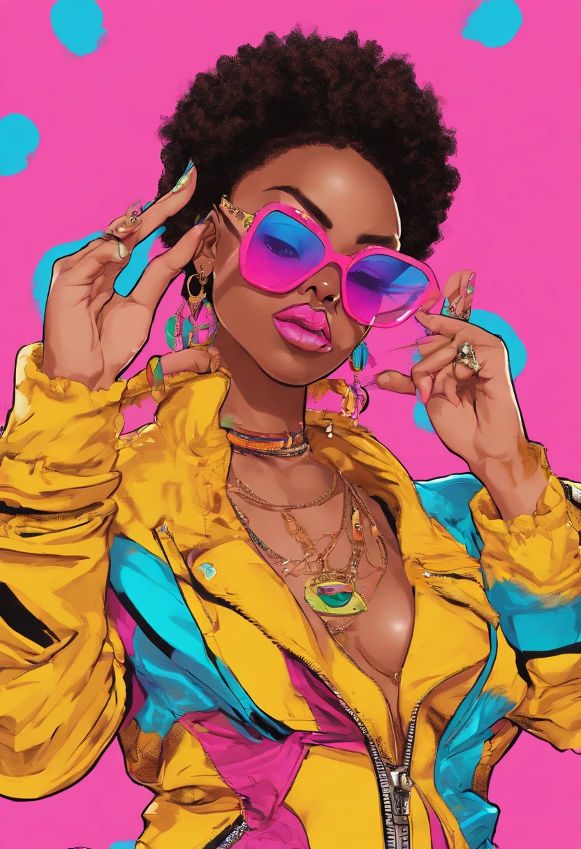 Generate Artwork , Glassmorphism, Androgynous, Early 2000's fashion, Mcbling aesthetic clothing, slim rectangle shaped glasses, pink glasses, african american, non-binary, bitchy, fashionable, diva, afro, cheetah print, trashy, mean, angry, middle finger, holding up the muddle finger, painted nails, bright colors, mini skirt, tanktop, jacket, trashy fashion, trashy makeup, iconic, afro hair, dark skinned, party, solo, looking up at camera, Y2K, Mcbling, blue eyeshadow, thin eyebrows, tattoos