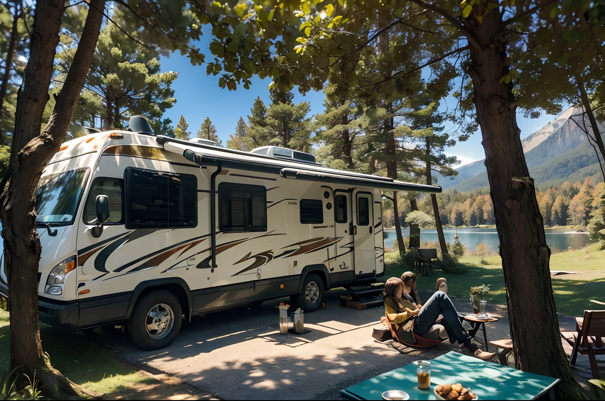 A motor home under some trees, A couple drinking mate tea in a mate cup, under the trees and next to the motor home. Autumnal forest in Bariloche, trees with yellowish leaves, mountains and lake in the background . illuminated by morning sun. highly detailed.