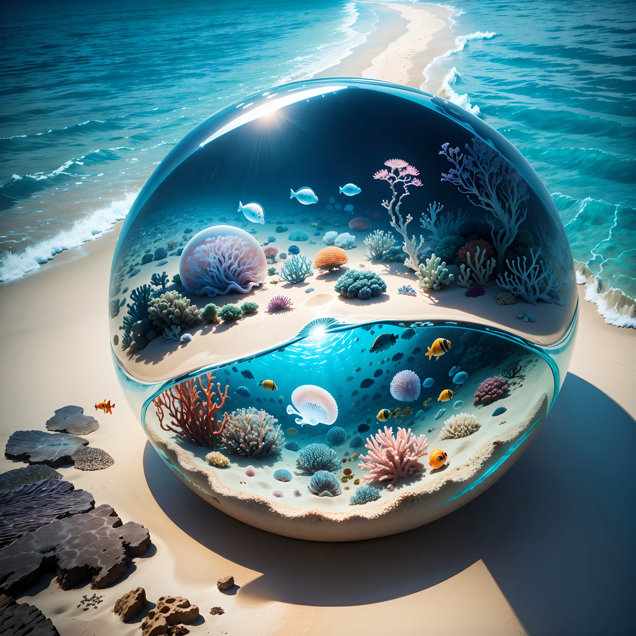 (the reef,fish flocks,jelly fish)，Transparent fog，hemispherical,Look down from the sky，fanciful，Artistically，beach sand background
