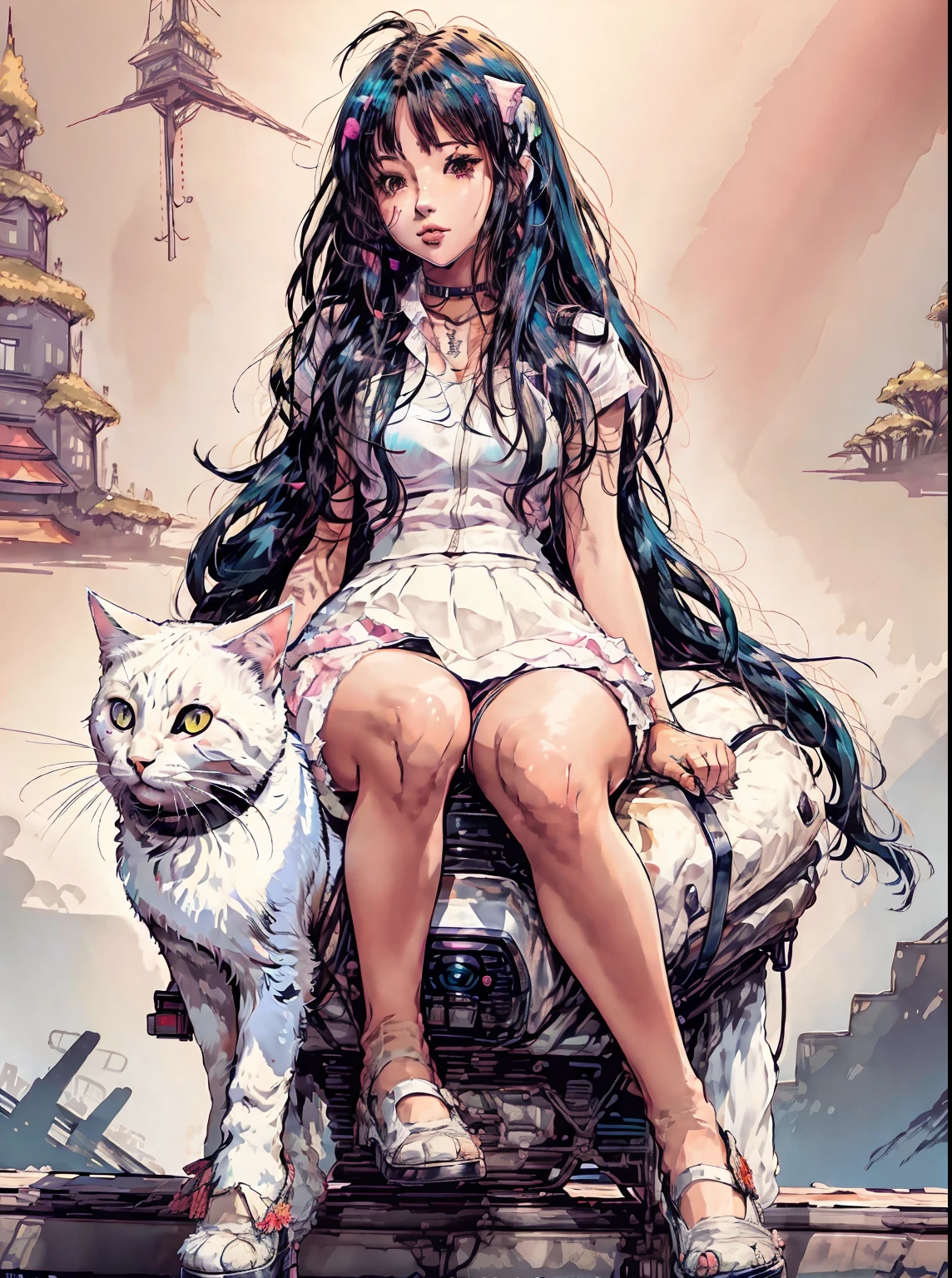 there is a woman in a short skirt posing in a room, seductive anime girl, white cat girl, advanced digital anime art, cyberpunk anime girl, anime barbie in white stockings, cute cyborg girl, digital cyberpunk anime art, anime cyberpunk art, digital cyberpunk - anime art, digital advanced anime art, attractive cat girl, anime style 4 k, very beautiful anime cat girl, with riding cat