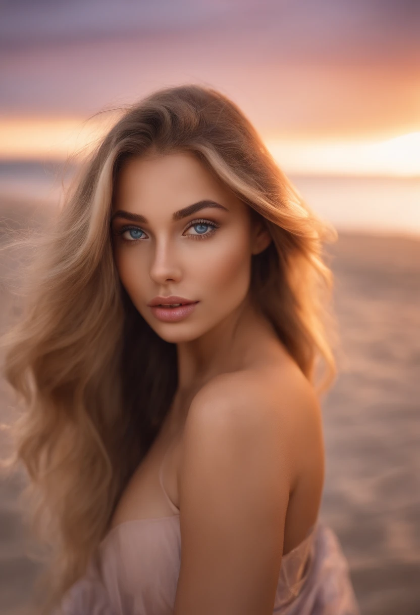 arafed woman fully , sexy girl with blue eyes, ultra realistic, meticulously detailed, portrait sophie mudd, blonde hair and large eyes, selfie of a young woman, bedroom eyes, violet myers, without makeup, natural makeup, looking directly at the camera, face with artgram, subtle makeup, stunning full body shot kneeling on the beach, medium to large size bust