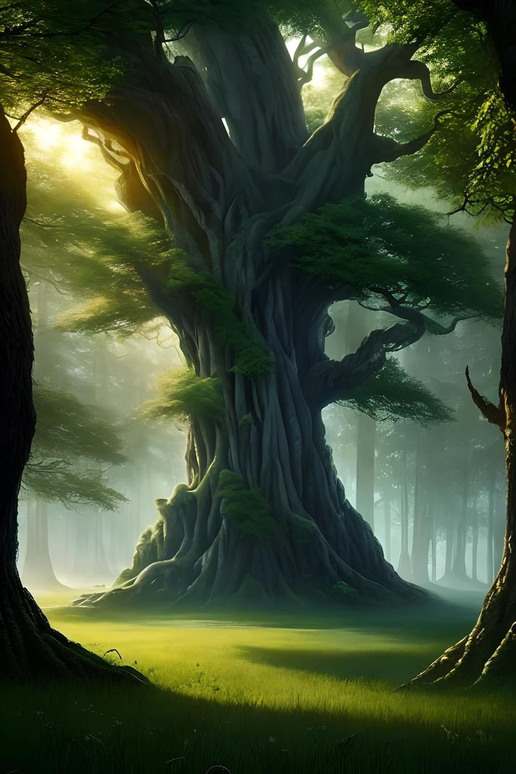 Gnarled old tree in an enchanted forest (masterpiece, best quality), intricate details, in a forest, cinematic, trending on artstation, Greg Rutkowski, Clyde Caldwell, matte painting