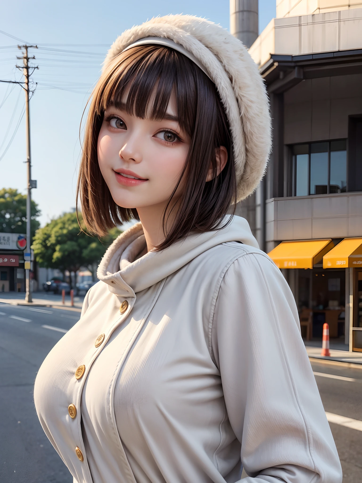 (masterpiece, top-quality、Very attractive adult beauty、Add intense highlights to the eyes),1girl in, 独奏, A dark-haired, scarf, Hats,, realisitic, looking at the viewers, black eyes of light color, shorth hair, coat, Winter clothes, White headscarf, s lips, lipgloss,bangss,, a closed mouth, The upper part of the body、big eye、Lashes、((Road system in Italy))、((Shorthair with bangs、big eye、Put very strong highlights in your students、very Bigger breasts、gazing at viewer、Very beautiful beauty、Put your ears out、long neck、little smiling、Close your mouth and smile)))、28 year old、Very cute supermodel