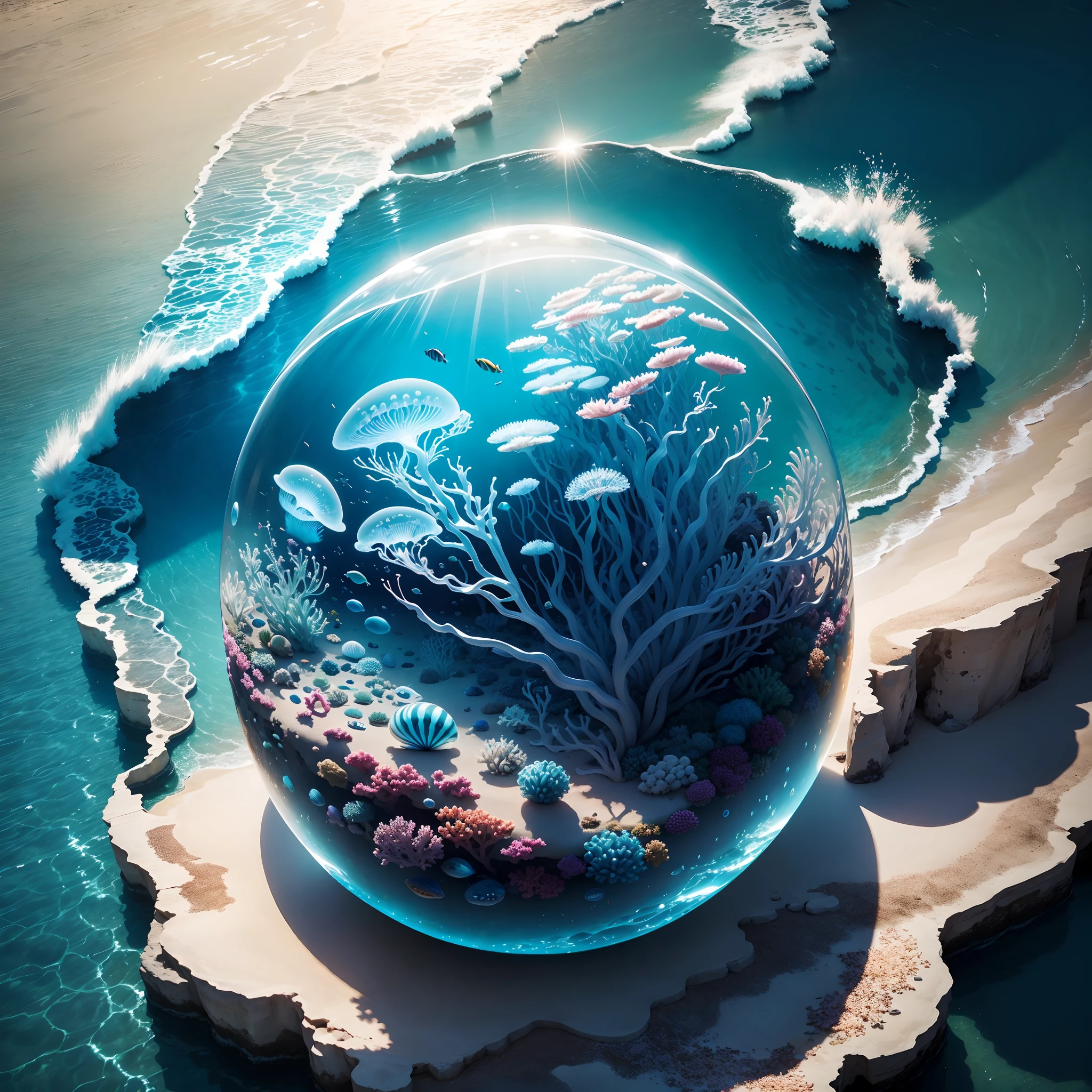 (the reef,fish flocks,jelly fish)，Transparent fog，hemispherical,Look down from the sky，fanciful，Artistically，beach sand background