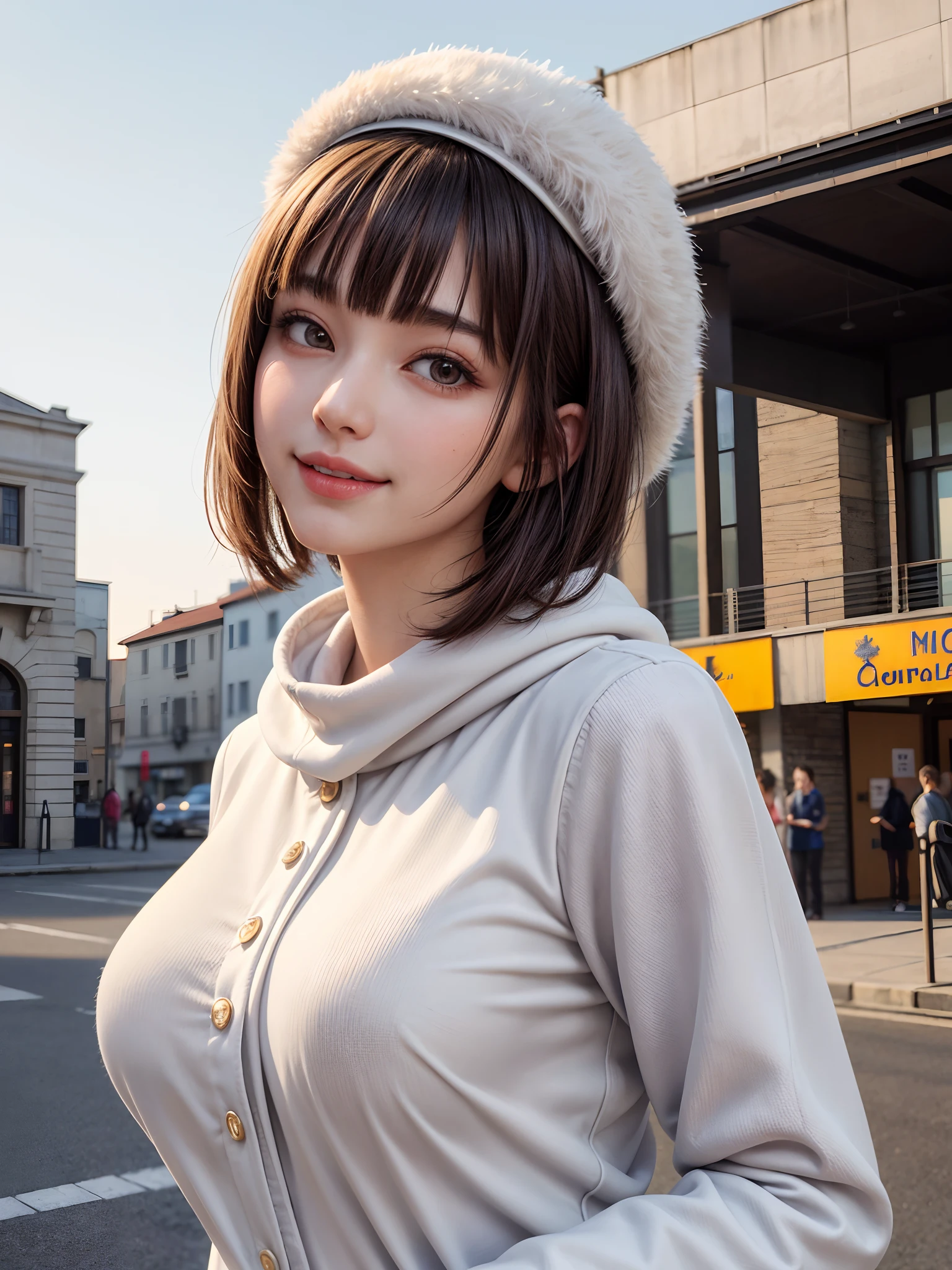 (masterpiece, top-quality、Very attractive adult beauty、Add intense highlights to the eyes),1girl in, 独奏, A dark-haired, scarf, Hats,, realisitic, looking at the viewers, black eyes of light color, shorth hair, coat, Winter clothes, White headscarf, s lips, lipgloss,bangss,, a closed mouth, The upper part of the body、big eye、Lashes、((Road system in Italy))、((Shorthair with bangs、big eye、Put very strong highlights in your students、very Bigger breasts、gazing at viewer、Very beautiful beauty、Put your ears out、long neck、little smiling、Close your mouth and smile)))、28 year old、Very cute supermodel