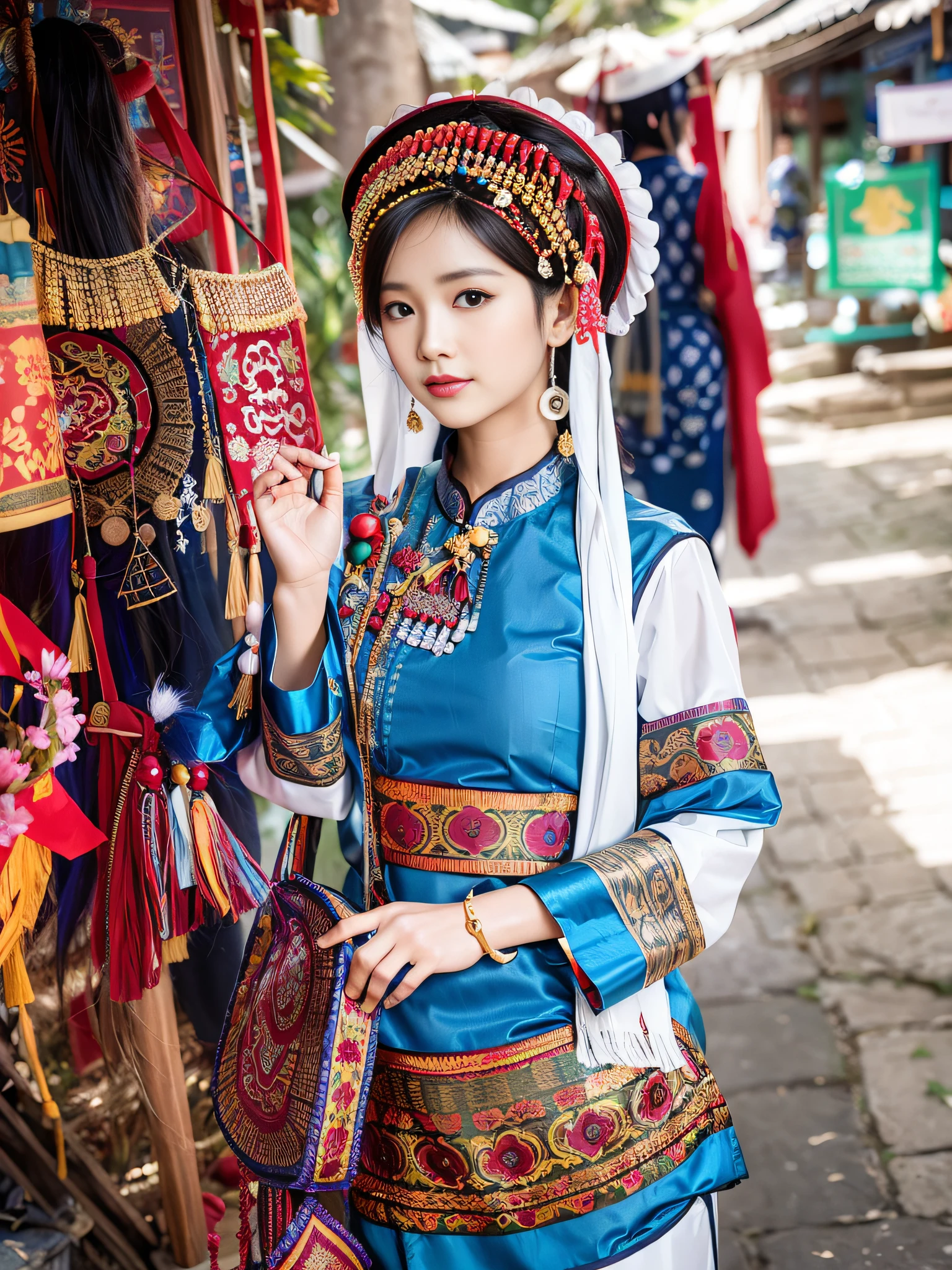 A Arakfi woman in a blue dress and hat stands in front of the market, traditional tai costume, traditional garb, Traditional clothing, traditionalcostumes, traditionalcostumes, Traditional beauty, Traditional Chinese clothing, wearing authentic attire, Chinese costume, Chinese traditional, Chinese woman, with acient chinese clothes, Chinese girl, wearing an elegant tribal outfit, tai costume, ao dai