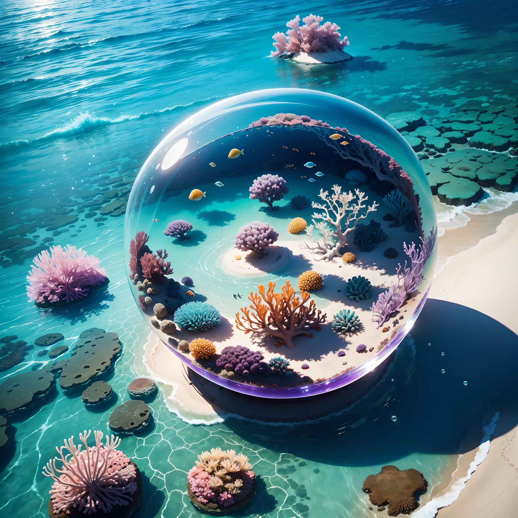 (the reef,fish flocks,jelly fish),Transparent fog,hemispherical,Look down from the sky,fanciful,Artistically,beach sand background