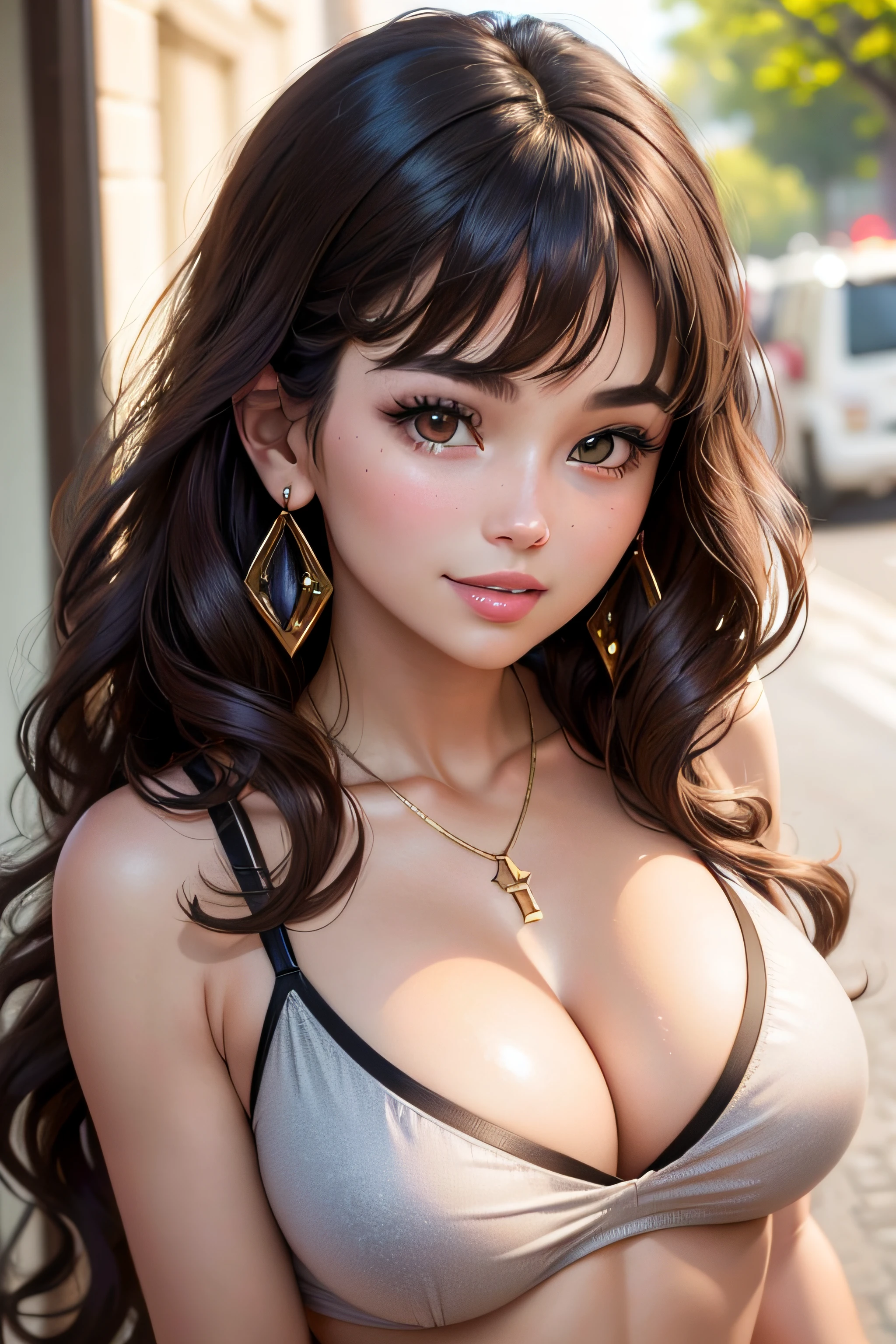 (One front photo)girl in summer clothes, Pretty face, Highly detailed face and skin texture, (Detailed eyes), Brown eyes, Double eyelids, Thin eyebrows, Glitter eyeliner: 1.2, Natural cheeks, Glowing skin, Fair skin: 1. 2, Shiny necklace and earrings, (Shiny lips: 1. 4), (Seductive smile), (20 years old), (Wavy hair, Brown hair, Diagonal bangs), Medium long hair, ((Upper body shot)), (Focus on chest and face), Medium large breasts, Turgid breasts.