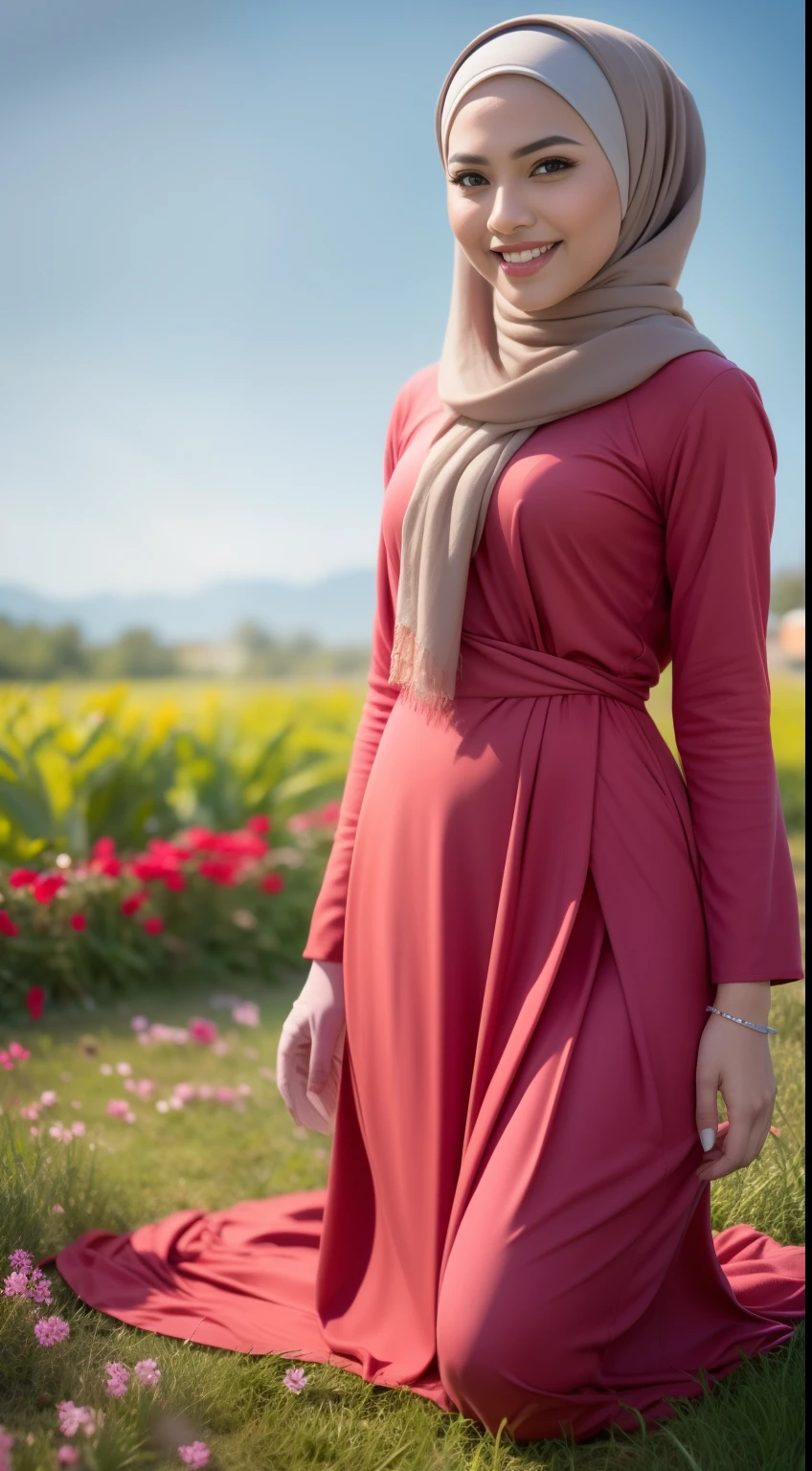 Malay girl in long hijab wear baju kurung, pastel color, kneeling in flower field, windy, blown her hijab, front view, detail skin, detail skin texture, mole below eyes, small breast, big hip, big waist, big thigh, slim abs, beautiful body, sunrise, laughing, happy, bright lighting, blur background, bokeh,