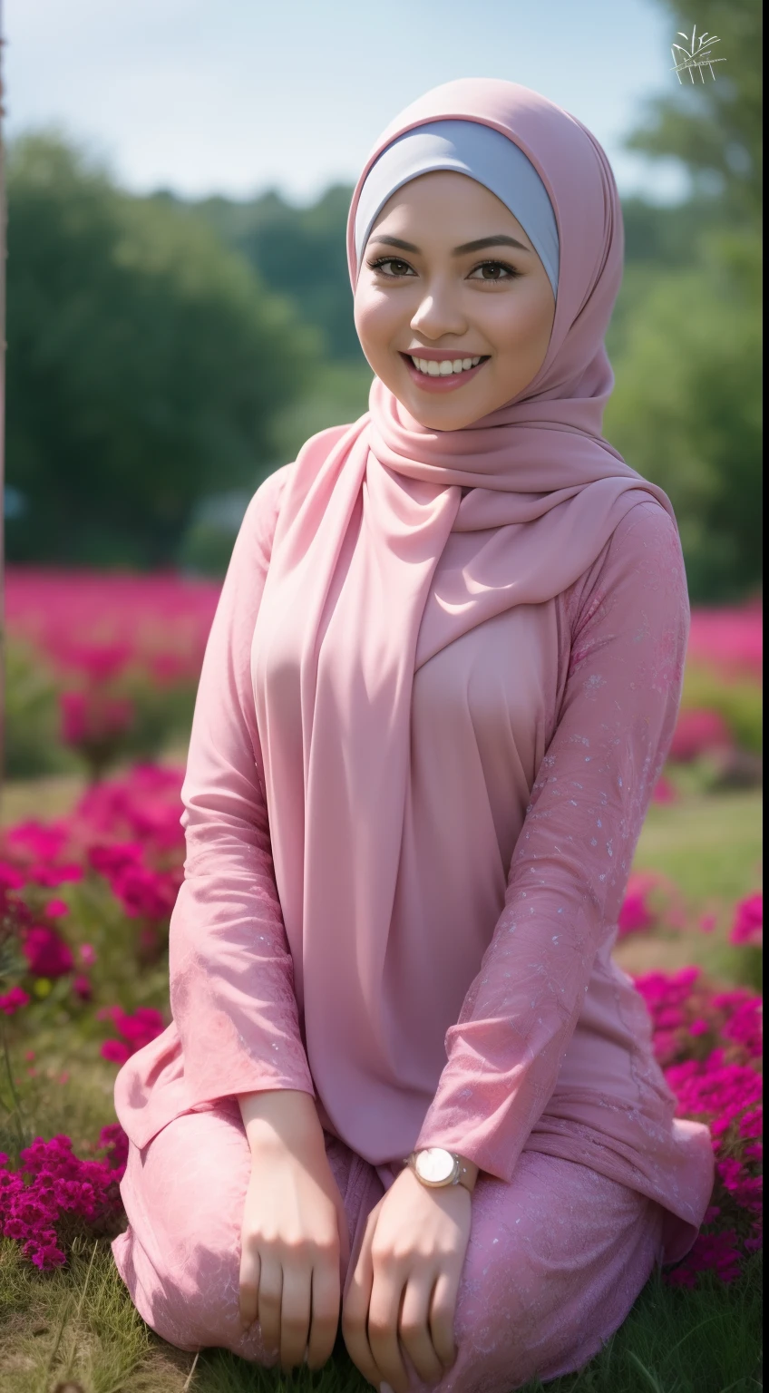 Malay girl in long hijab wear baju kurung, pastel color, kneeling in flower field, windy, blown her hijab, front view, detail skin, detail skin texture, mole below eyes, small breast, big hip, big waist, big thigh, slim abs, beautiful body, sunrise, laughing, happy, bright lighting, blur background, bokeh,