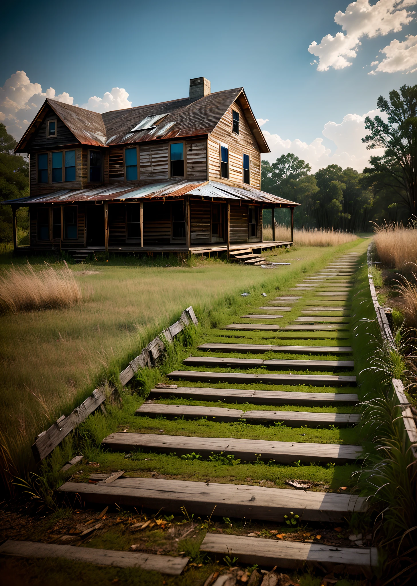 abandoned house, broken planks, moss, broken steps, unkempt yard, tall grass, weeds, terror,night,horror (theme),