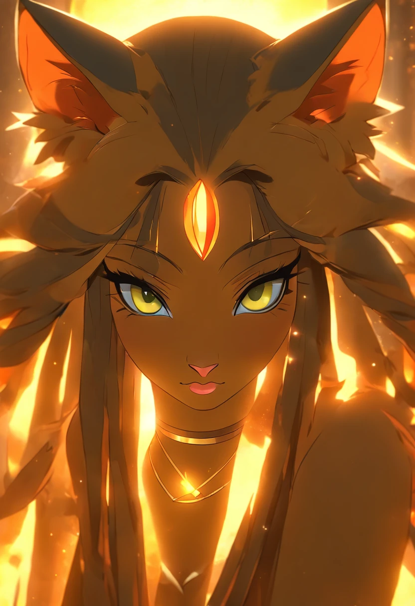 (((Feline Goddess))) best quality, ultra-high resolution, 4K detailed CG, master piece, Egyptian mythology,SEKHMET, feline face ,Ancient Egypt, standing pose, Egyptian clothing, desert, Ancient Egypt, (( full body)), sunrise, aesthetics, Beautiful image, centered on screen, standing pose, rising sun