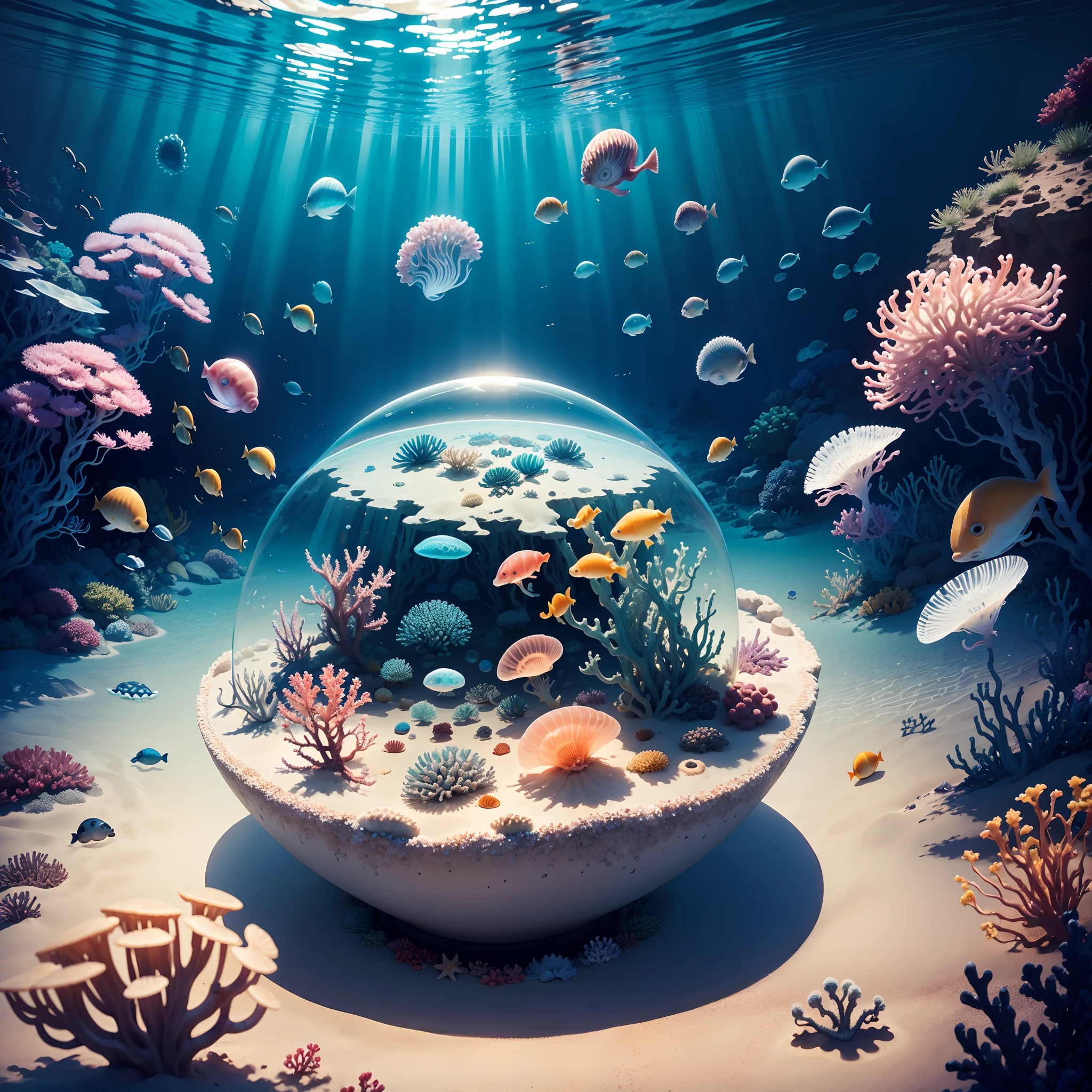 (the reef,fish flocks,jelly fish)，Transparent fog，hemispherical,Look down from the sky，fanciful，Artistically，beach sand background