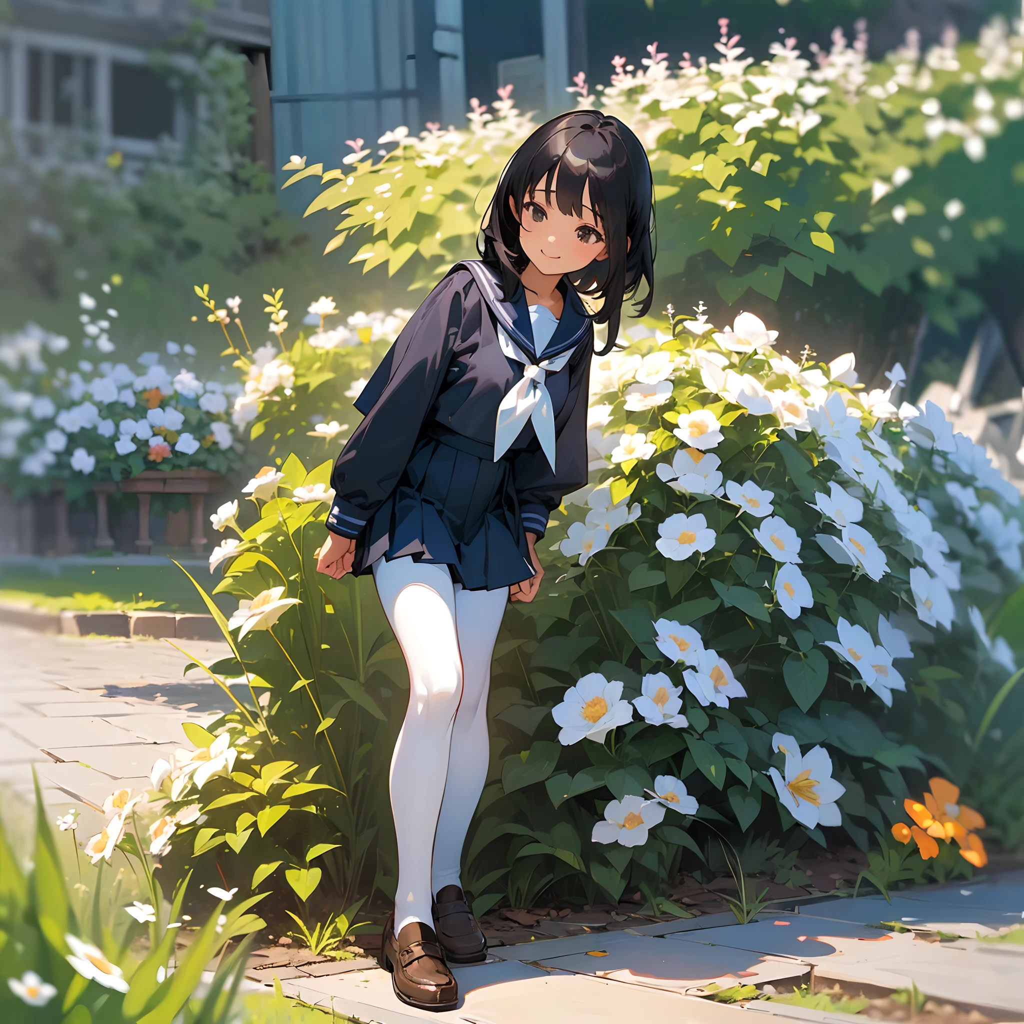 (Best Quality, hight resolution, Ultra-detailed, Realistic:1.37), peaceful ambiance, (plein air, garden), Teenage girl standing alone, Beautiful detailed features, Cute smile, ((Black bob hair)),Navy blue sailor suit, Pleated skirt,White tights,Brown leather shoes.