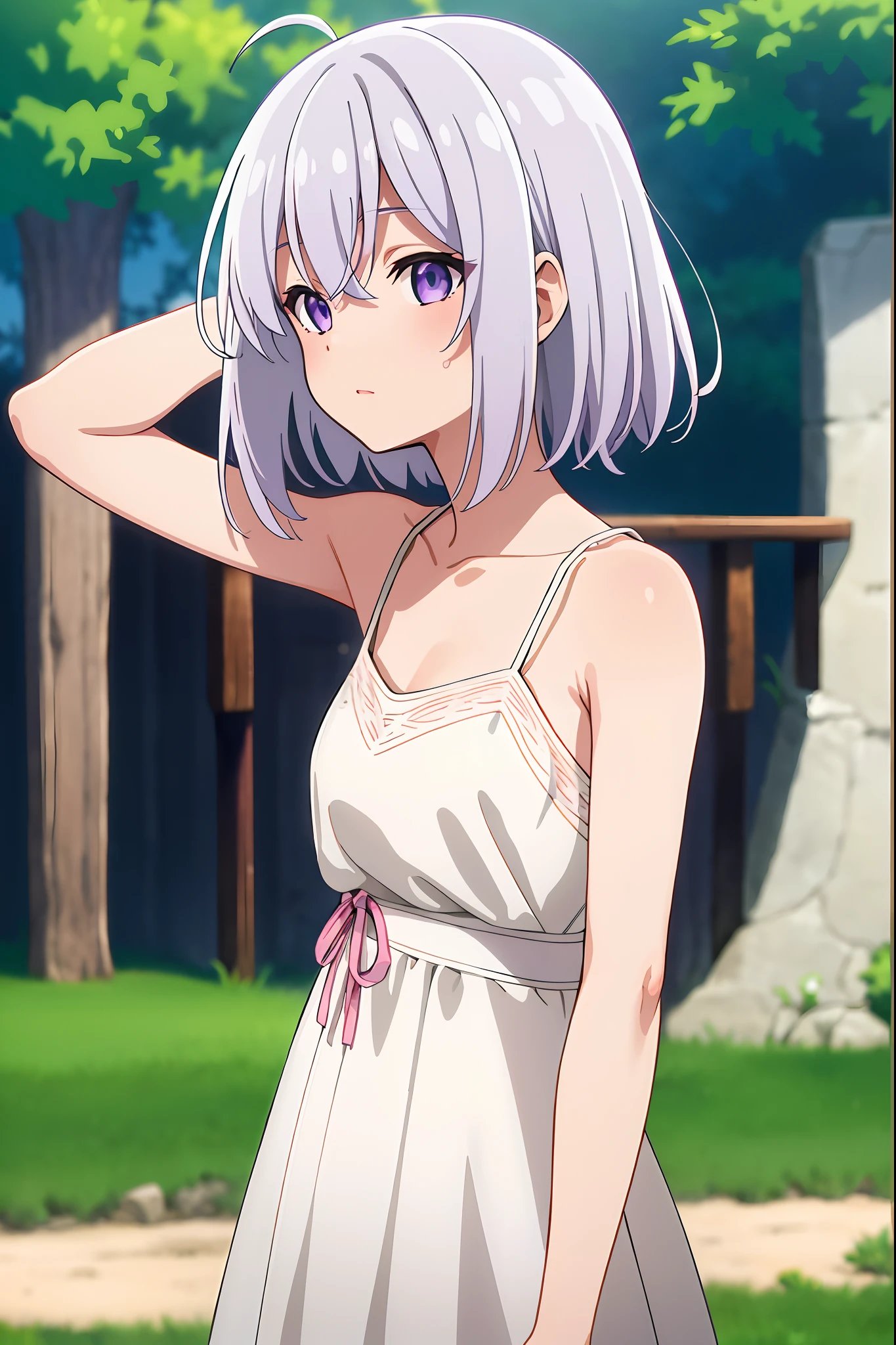 one girl, girl focus, pony tail, wolf ears, beautiful, fluffy ears, camisole, white hair, denim short pants, navel