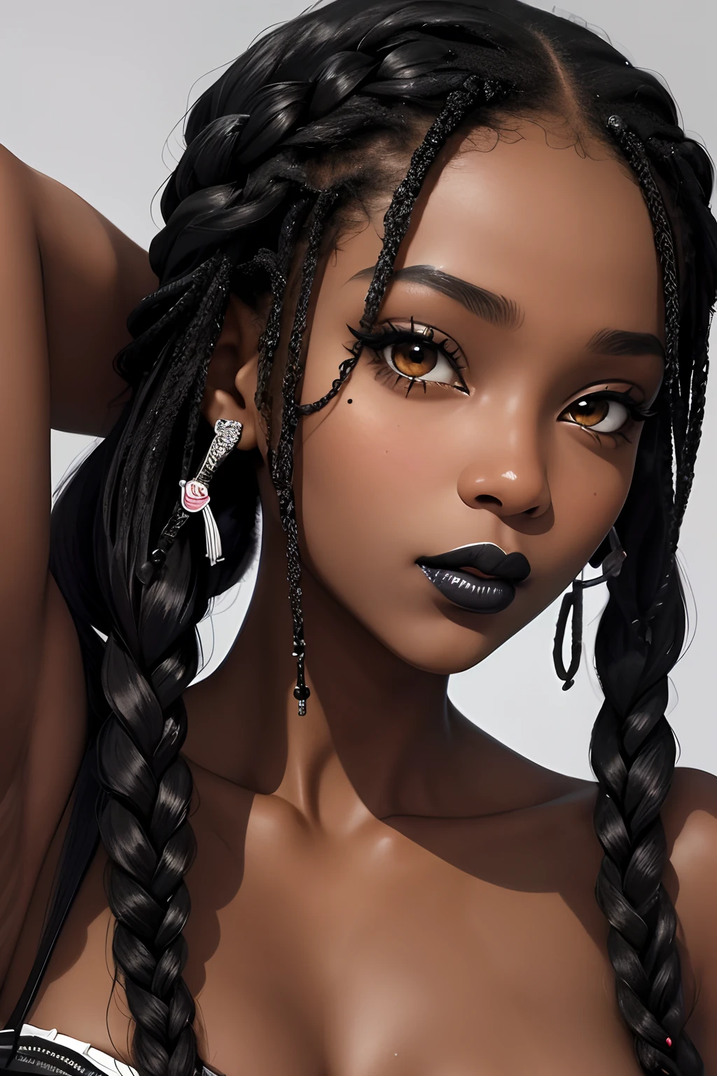 (masterpiece, best quality), deep ebony 1girl, beautiful face, freely hanging braids, black lips