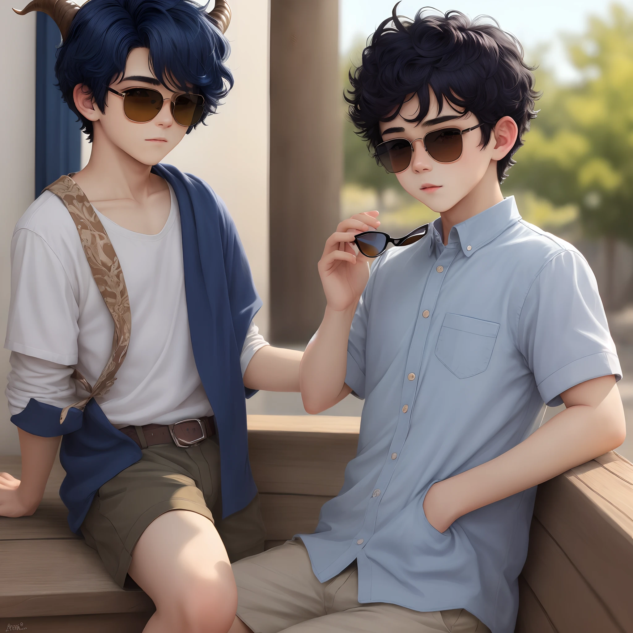 dark blue haired boy. down curling ram horns. sunglasses.