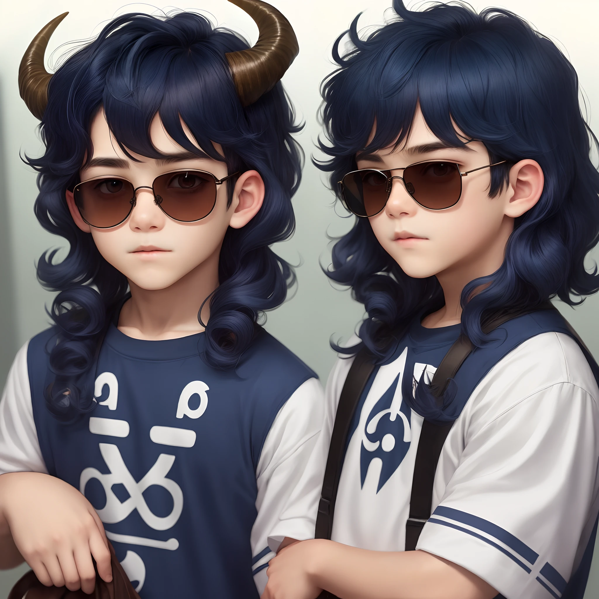 dark blue haired boy. down curling ram horns. sunglasses.