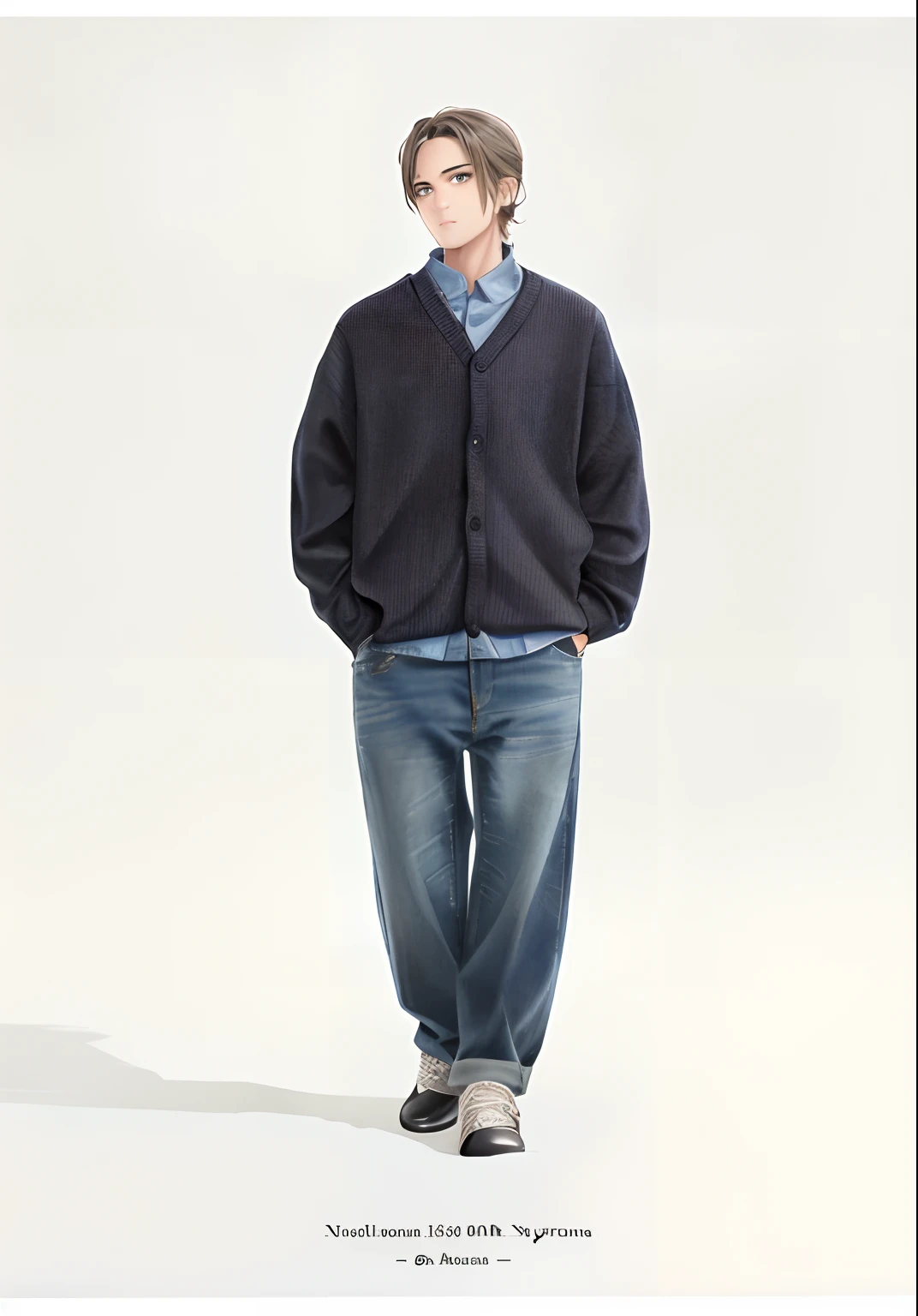 Allard man in blue sweater and jeans with hands in his pockets, baggy jeans, catalogue photo, modern casual clothing, full body wide shot, advertisement picture, ssense, Cardigan, casual modern clothing, Casual clothing, detailled image, casual clothing style, dolman, mark lee, baggy, scenic full shot, wearing a cardigan