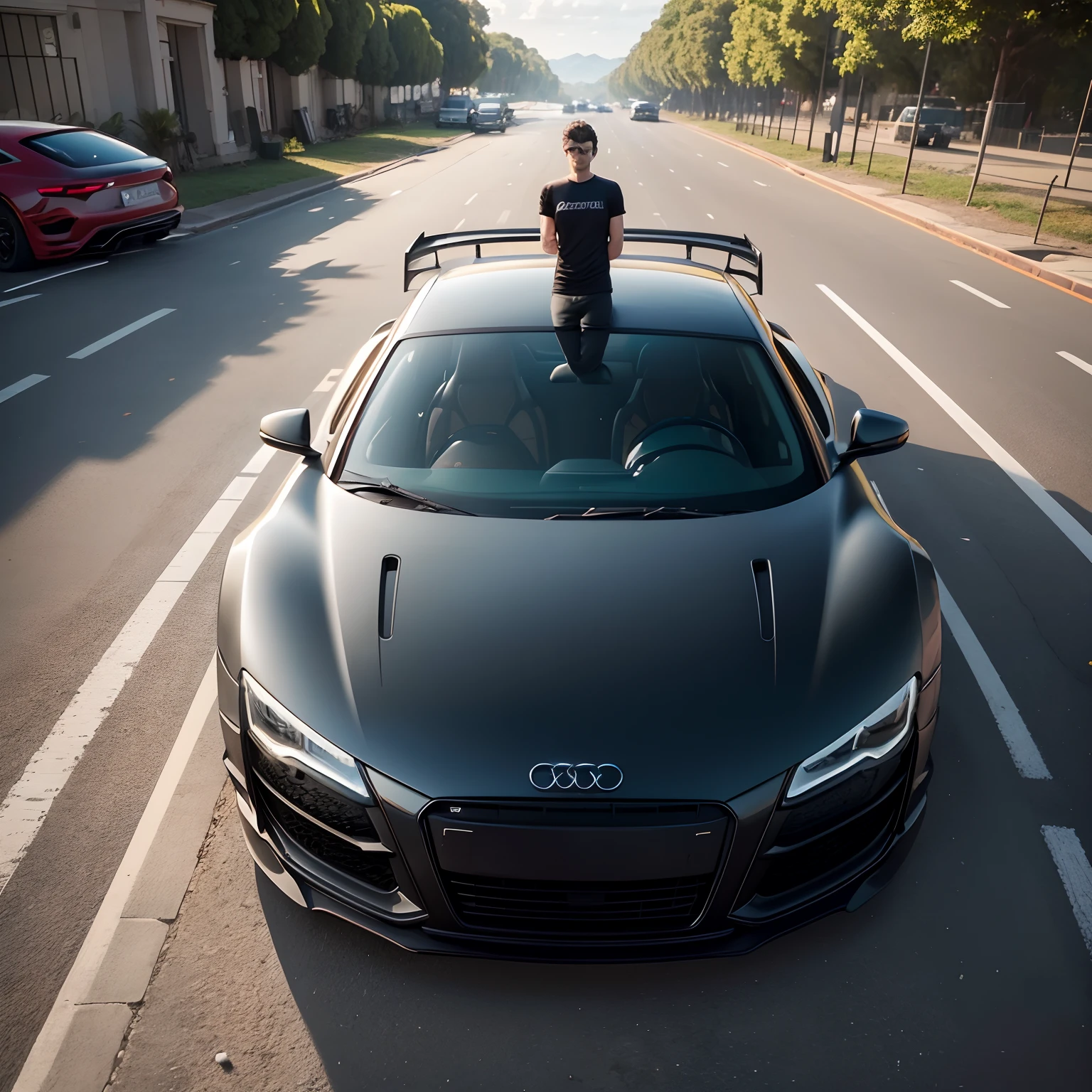 There's a man standing in front of an Audi r8 car by day, foto do perfil, cerca de 20 yo, foto de perfil, foto descoberta, foto do instagram, Upload de alta qualidade, em torno de 1 9 anos, album photo, imagem de perfil, He's wearing a black dress t-shirt, imagem viral, Big!!!!!!!!!!!!, facebook post, Directed by: Lee Loughridge, foto de perfil