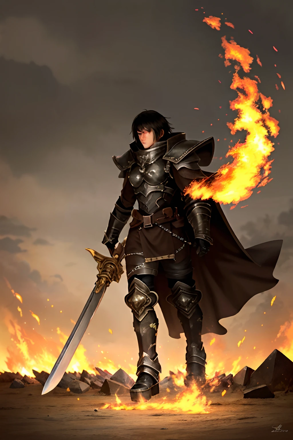 6.5 foot male, short hair, big brown eyes, black armor, metal boots, giant heavy sword, in right hand dragging on the ground behind, flames everywhere