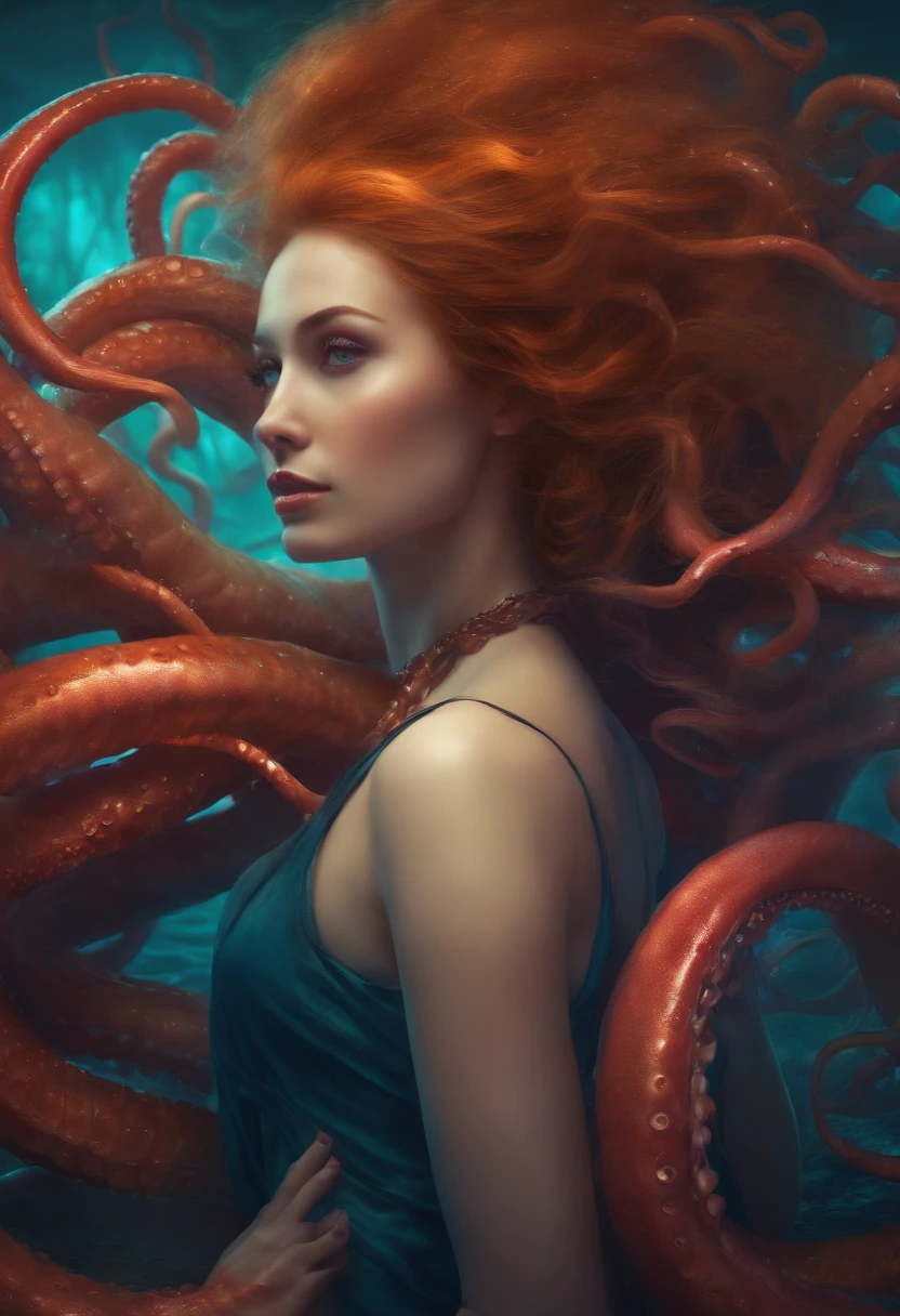 Woman with long hair, Covered with tentacles, tentacles around, many tentacles, Fine details，drools，don't have clothes